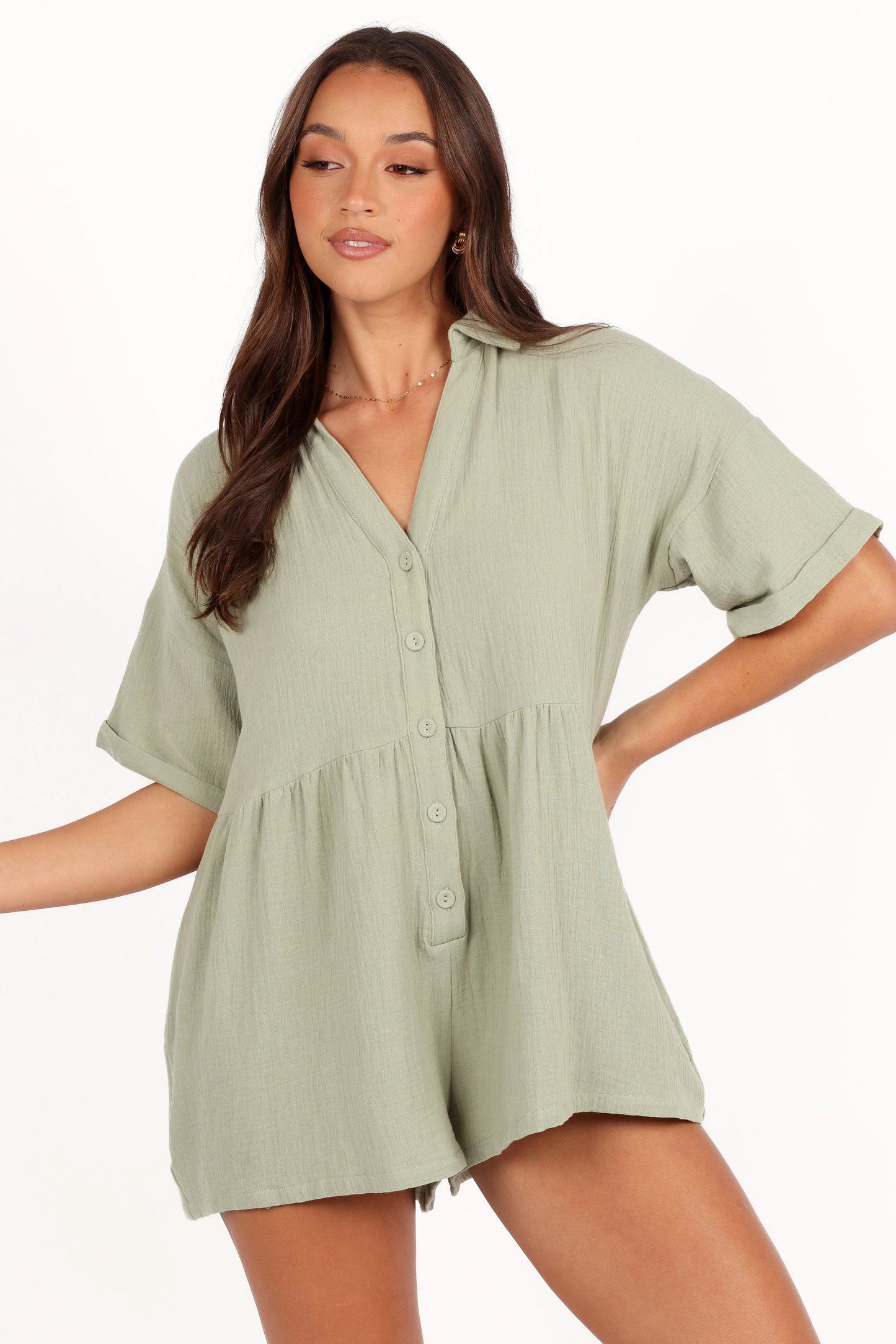 Collared V-Neck Cotton Playsuit