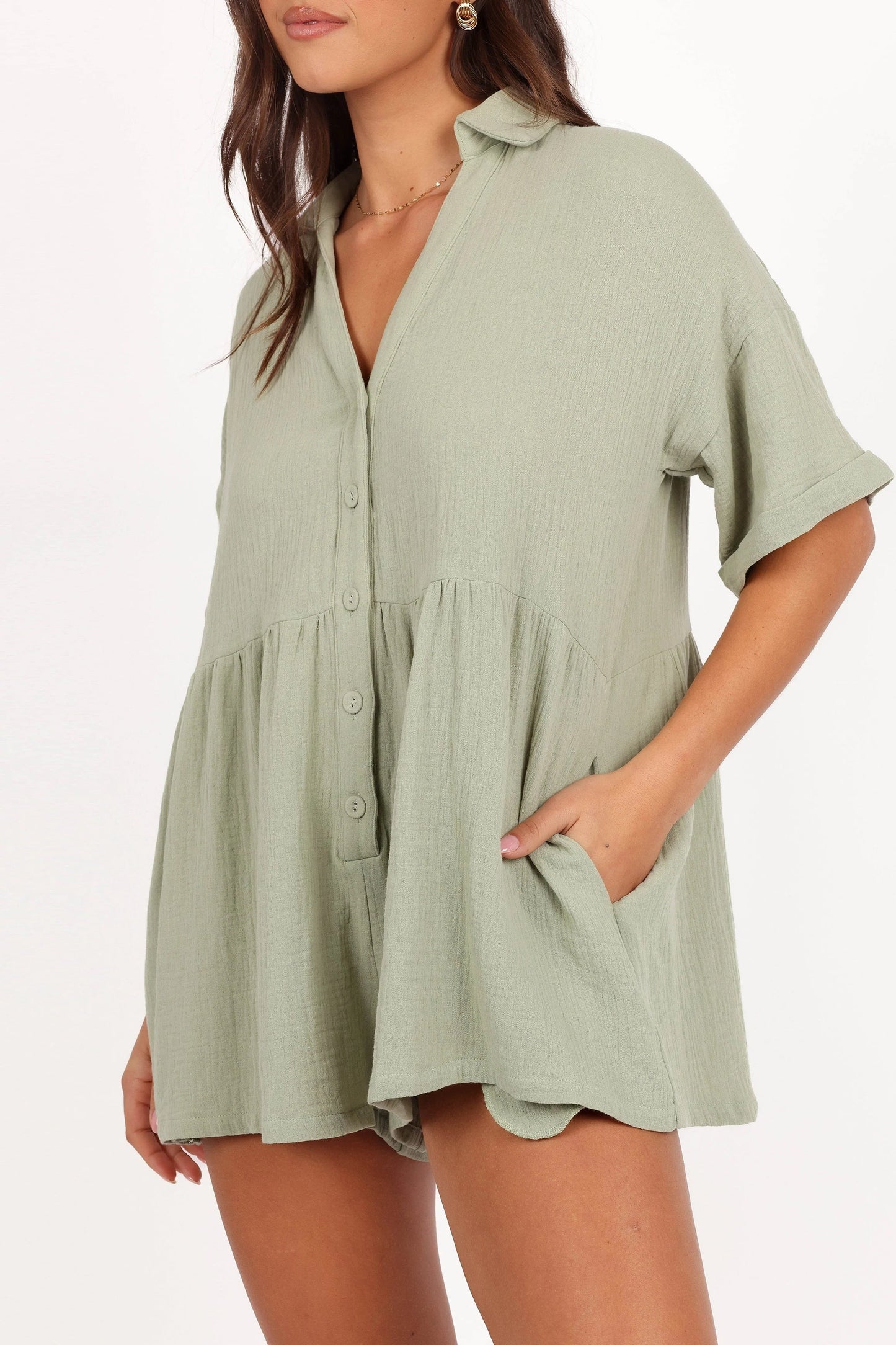 Collared V-Neck Cotton Playsuit