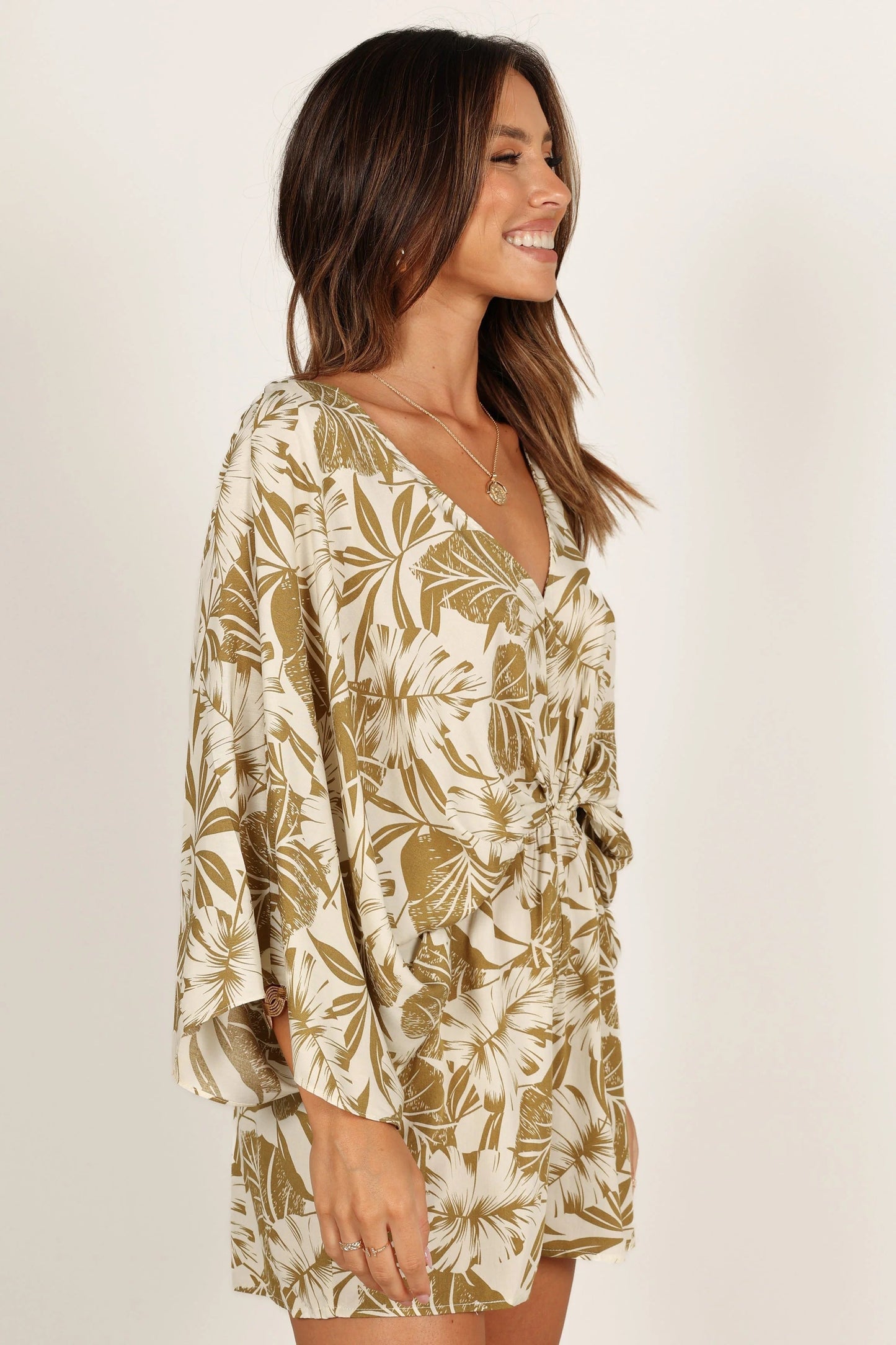 Kimono-Sleeve Leaf Print Romper