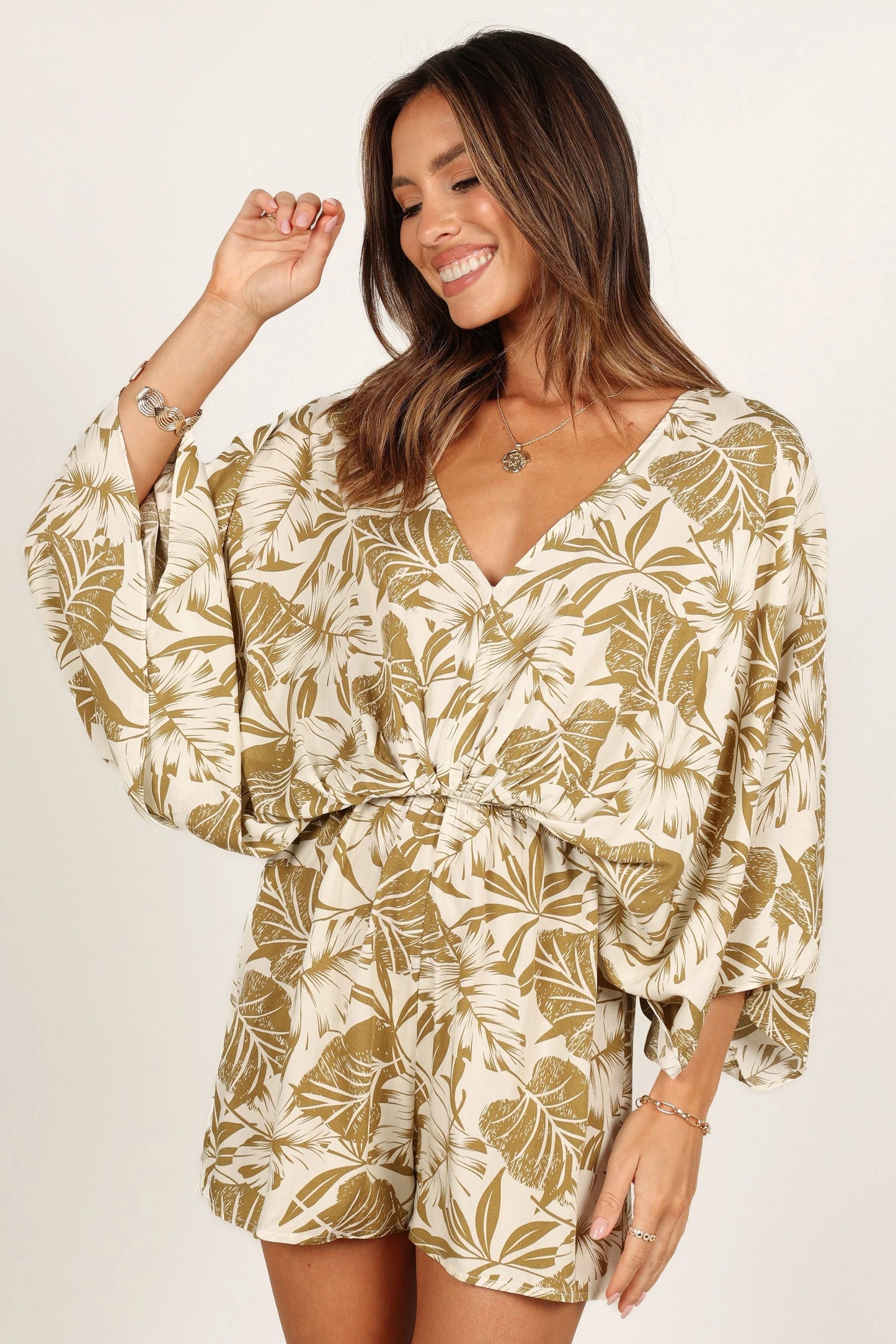 Kimono-Sleeve Leaf Print Romper