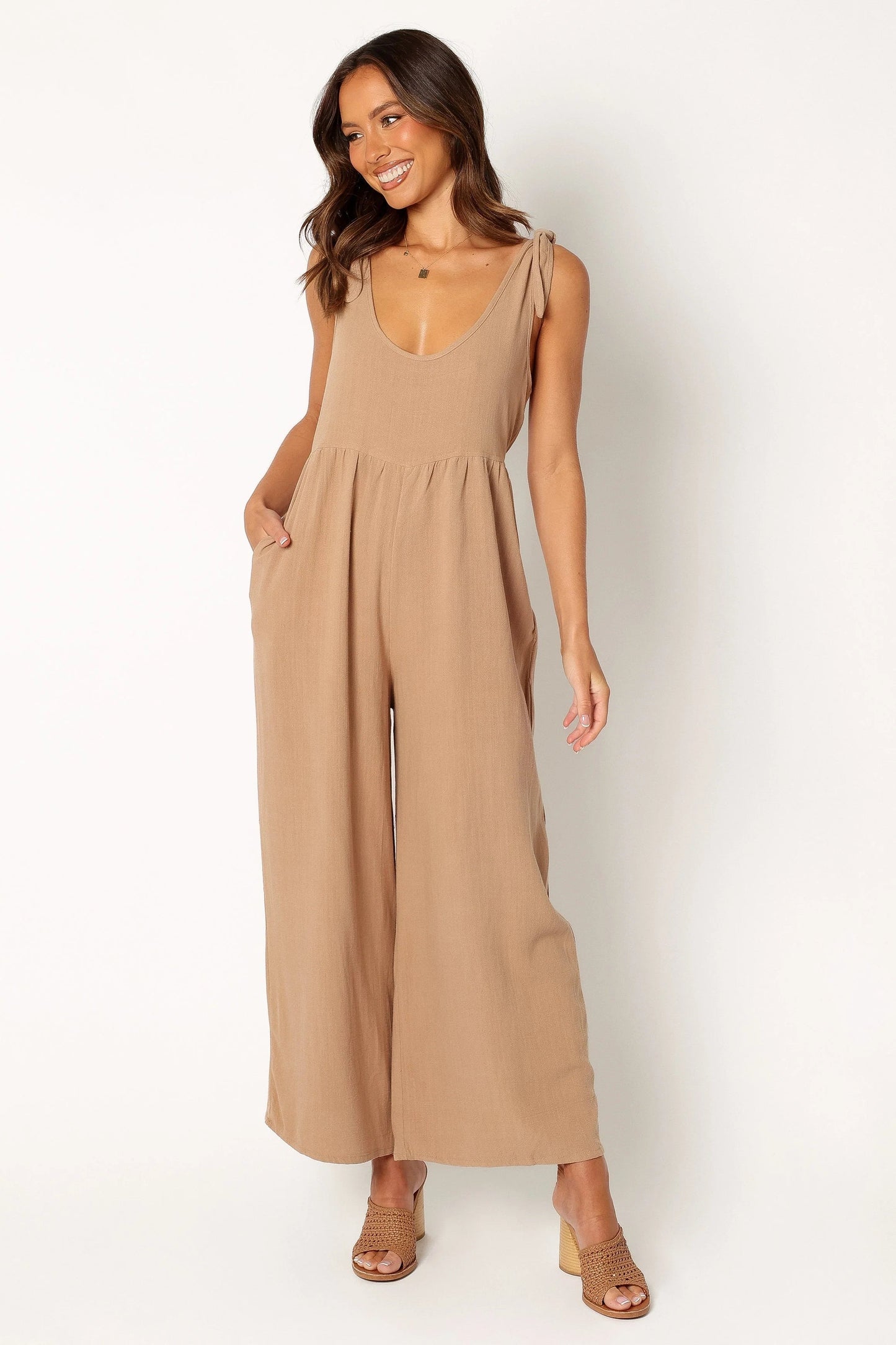 Linen Wide-Leg Tie-Strap Jumpsuit