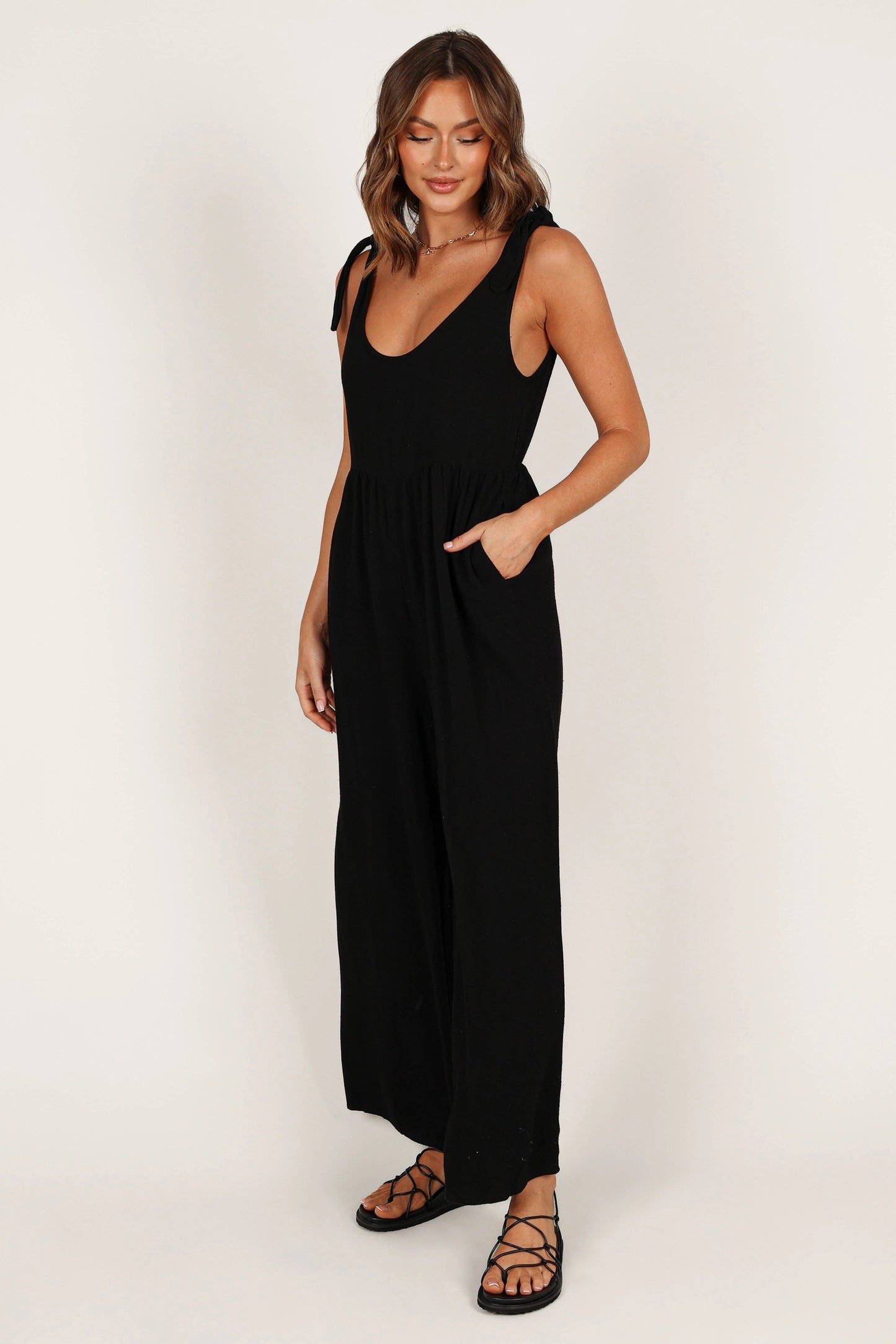 Linen Wide-Leg Tie-Strap Jumpsuit