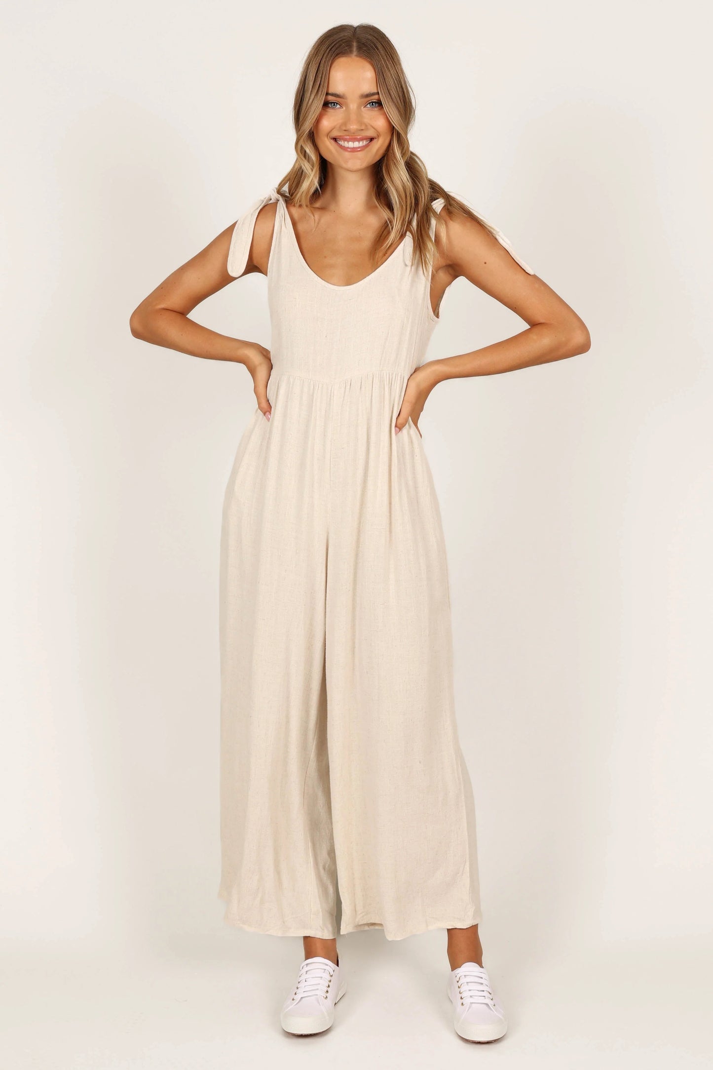 Linen Wide-Leg Tie-Strap Jumpsuit