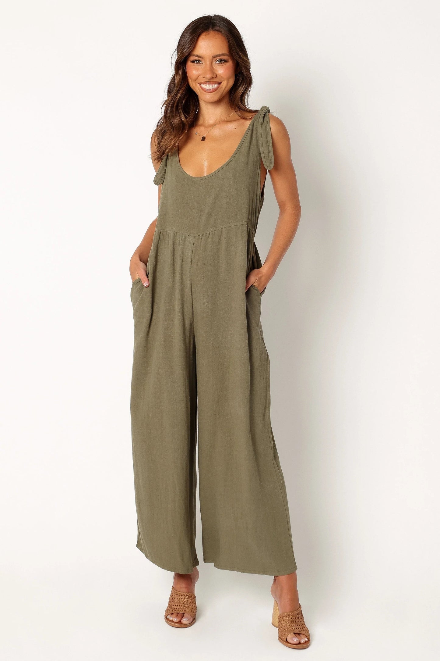 Linen Wide-Leg Tie-Strap Jumpsuit