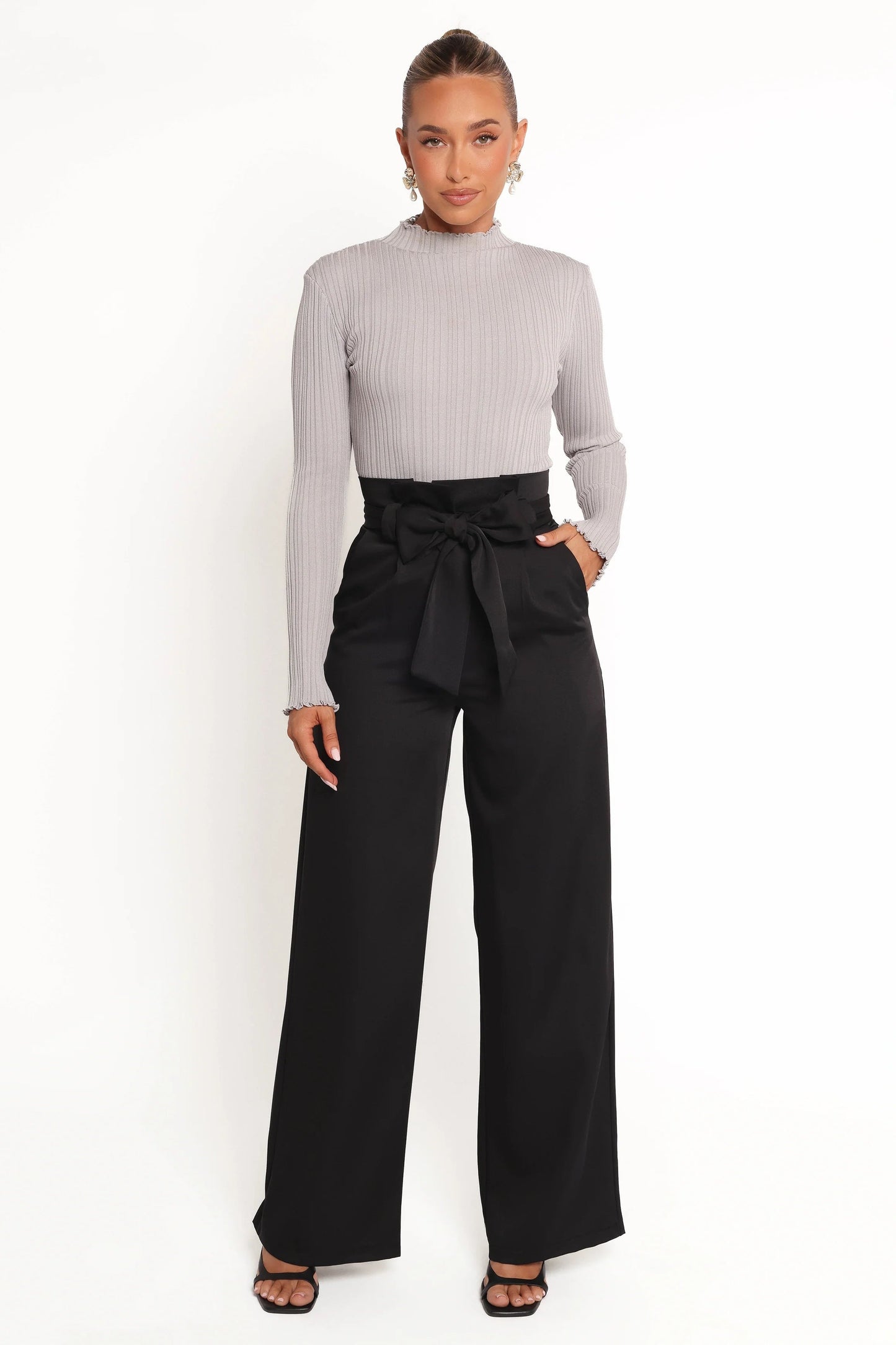 Mockneck Ribbed Knit Top with Frill Hem