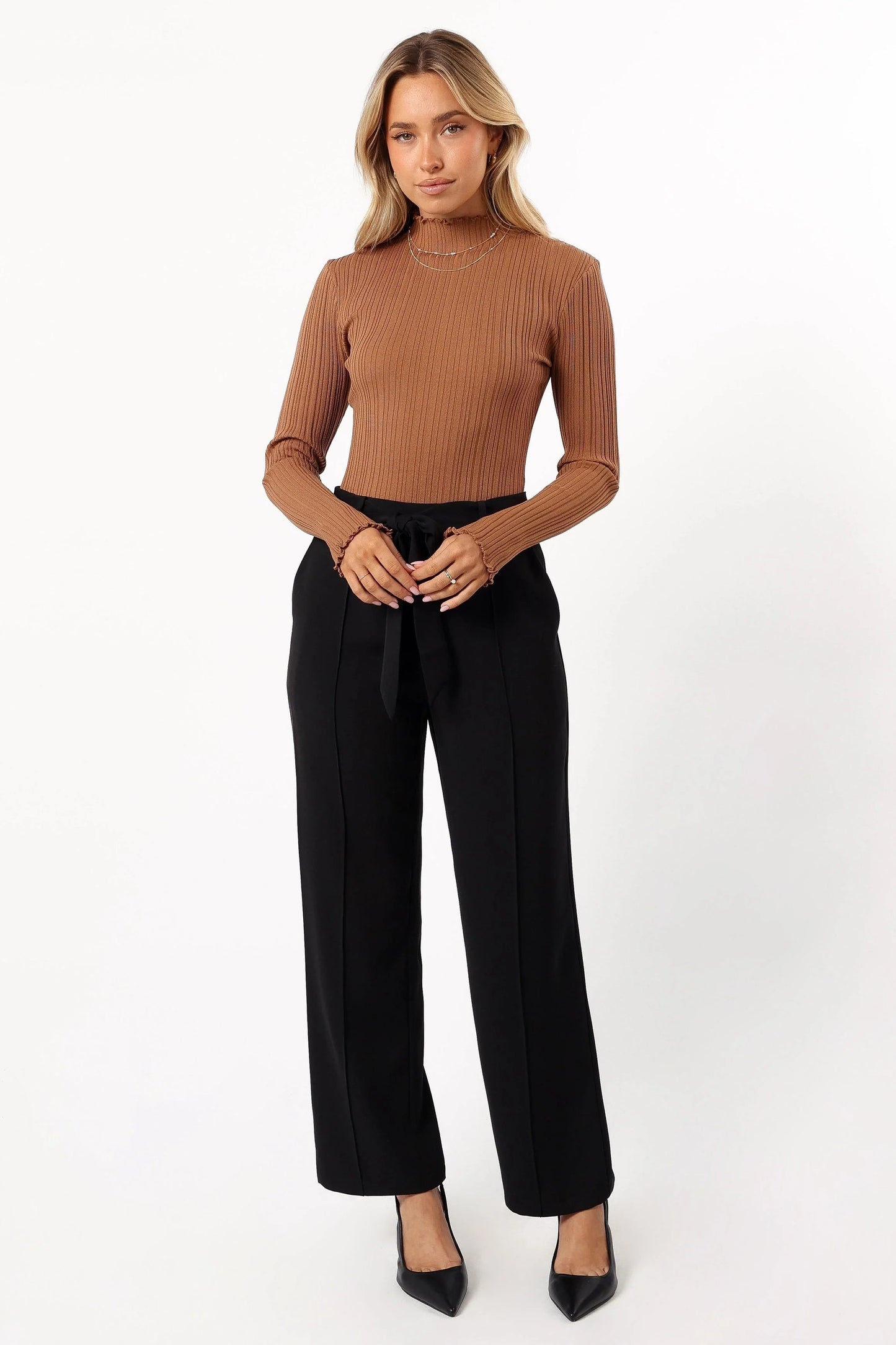 Mockneck Ribbed Knit Top with Frill Hem