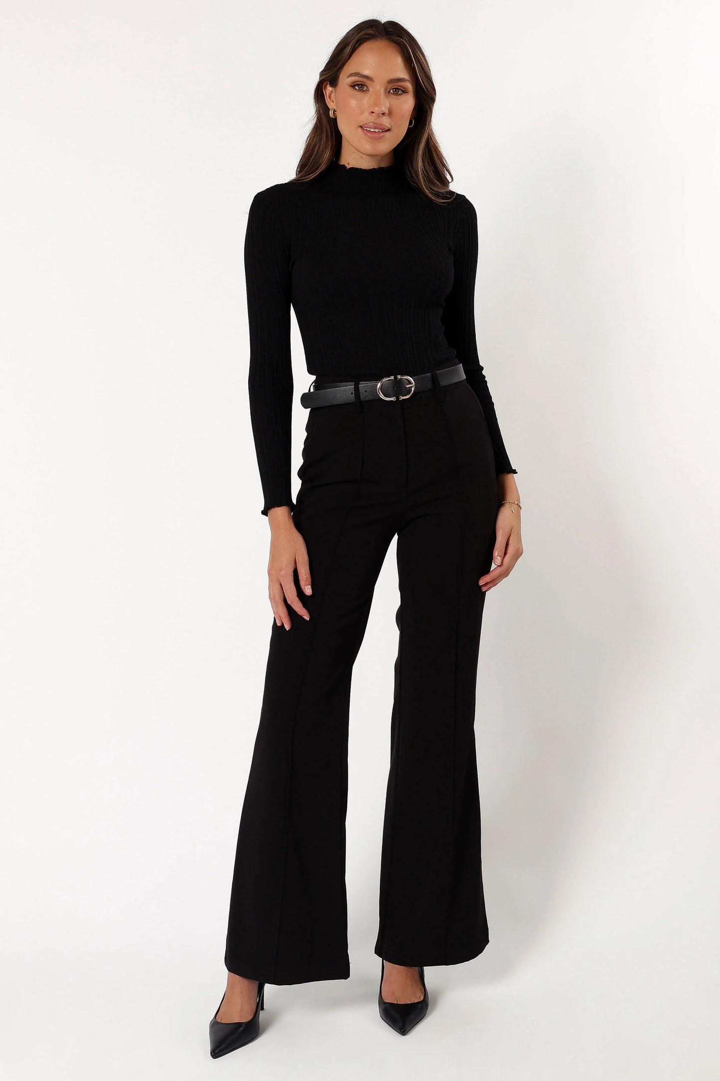 Mockneck Ribbed Knit Top with Frill Hem