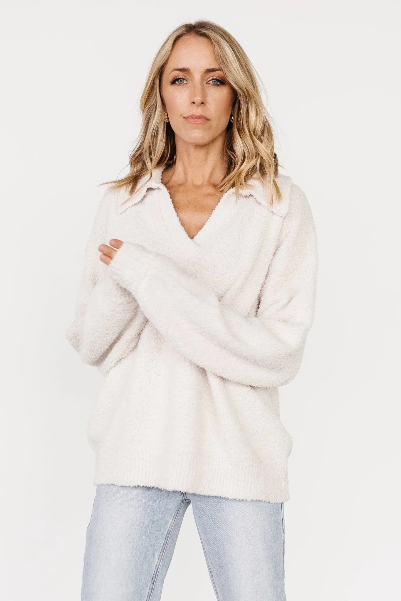 Oatmeal Fuzzy Collared V-Neck Sweater