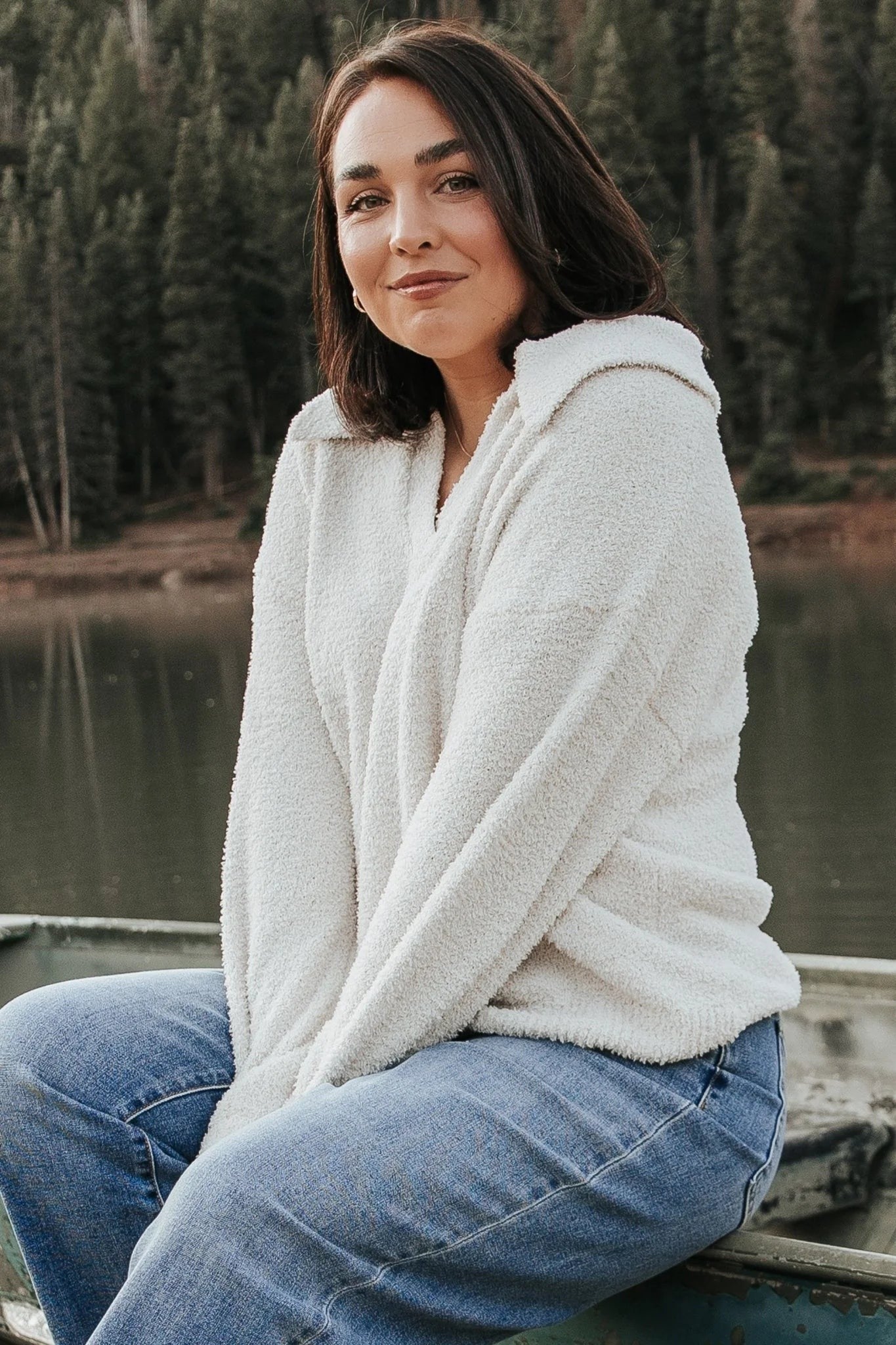 Oatmeal Fuzzy Collared V-Neck Sweater
