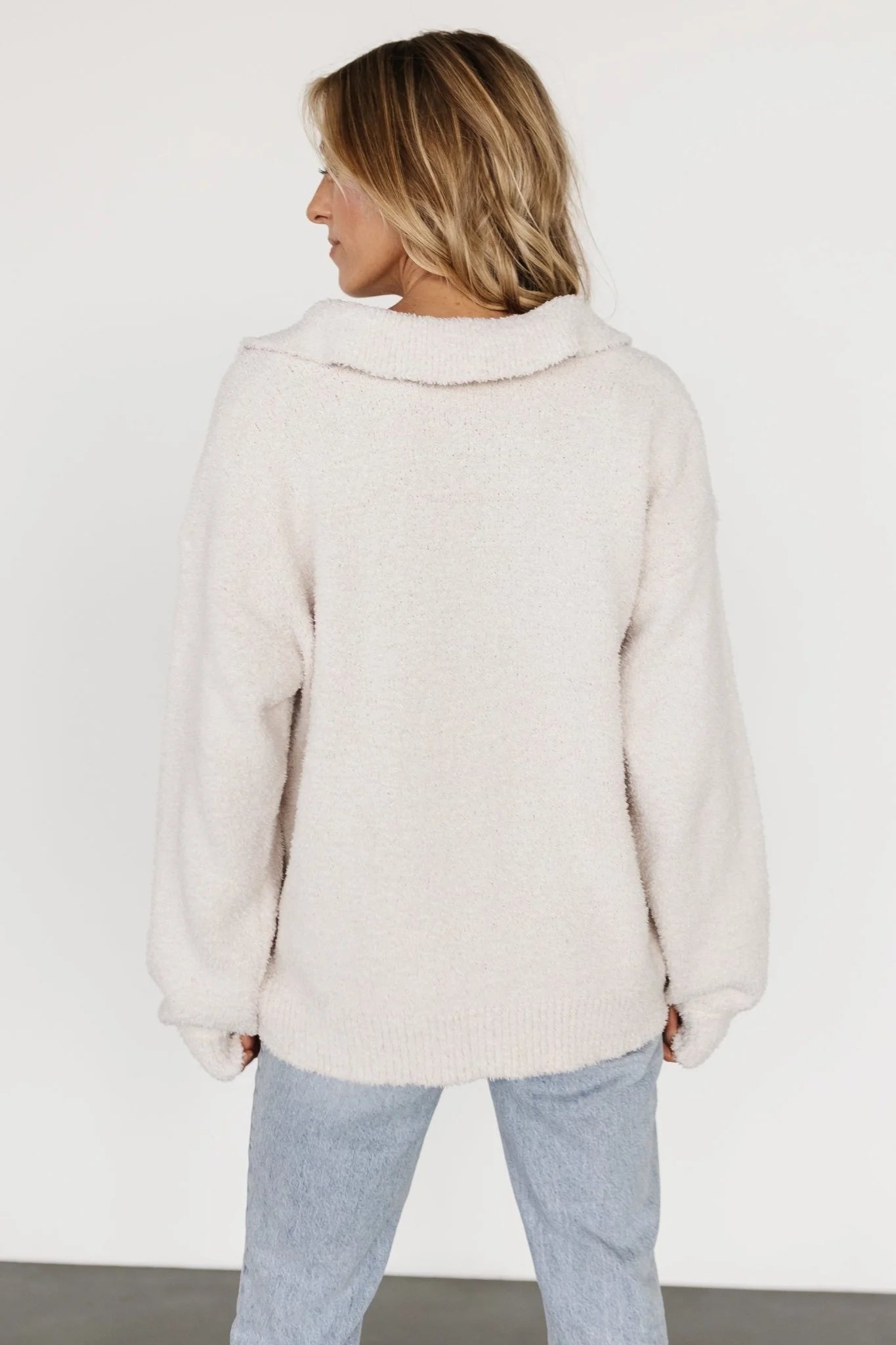 Oatmeal Fuzzy Collared V-Neck Sweater