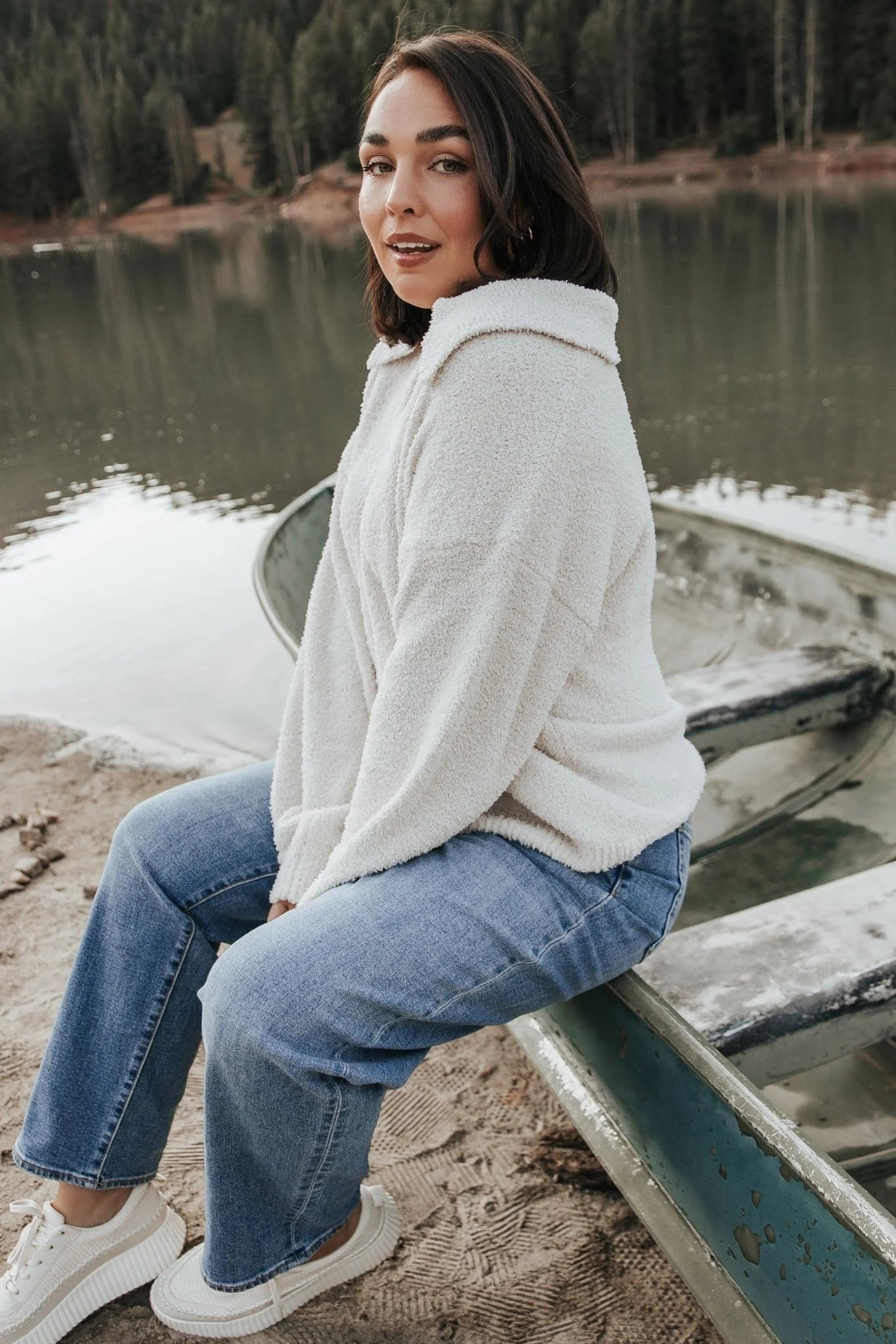 Oatmeal Fuzzy Collared V-Neck Sweater