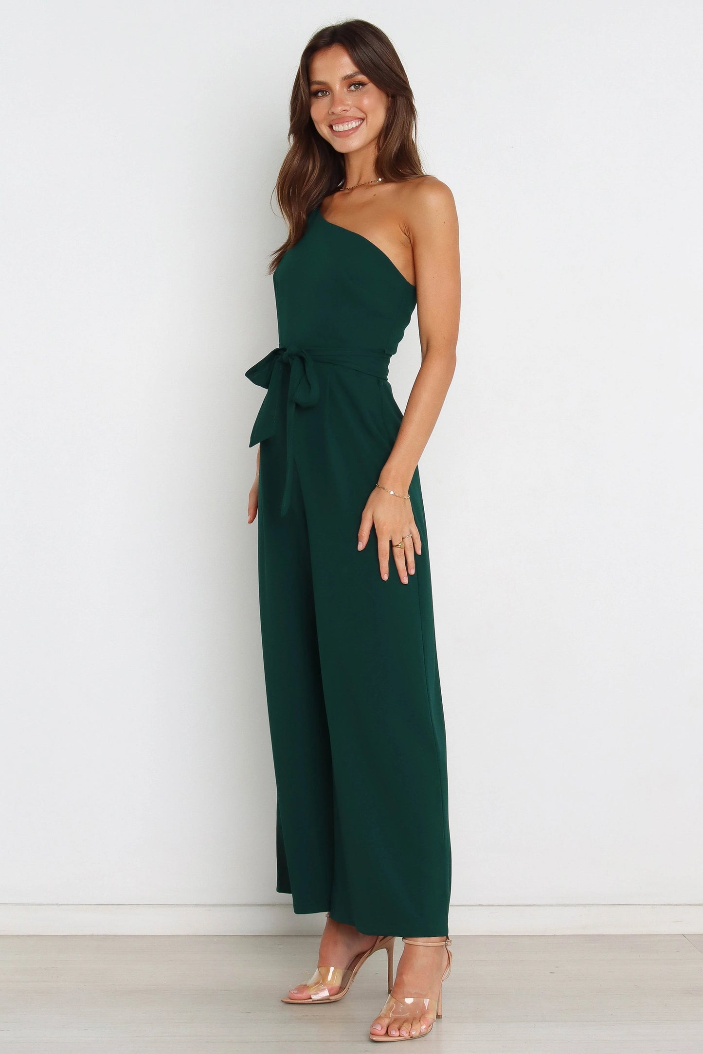 One-Shoulder Tie-Waist Wide-Leg Jumpsuit