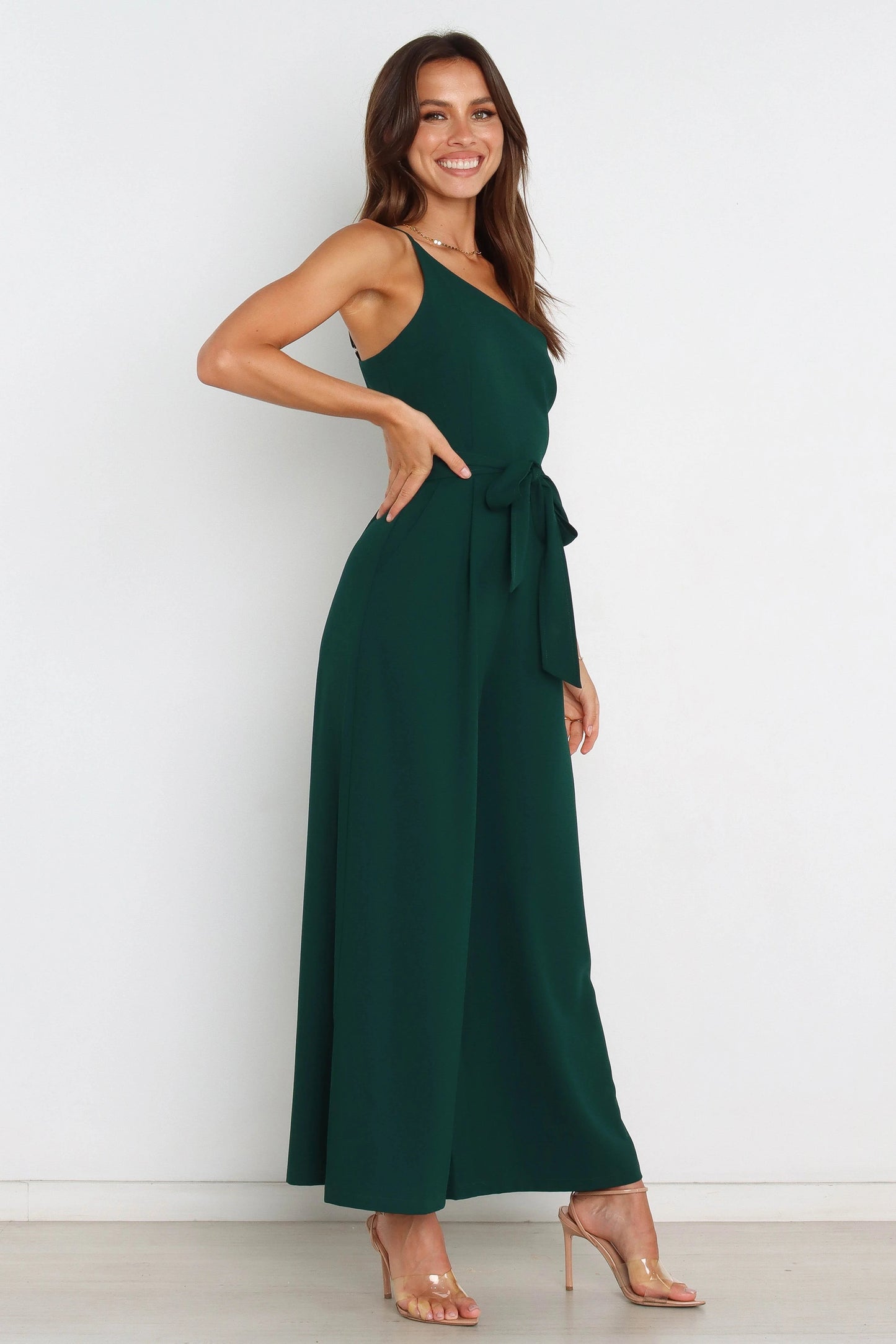 One-Shoulder Tie-Waist Wide-Leg Jumpsuit