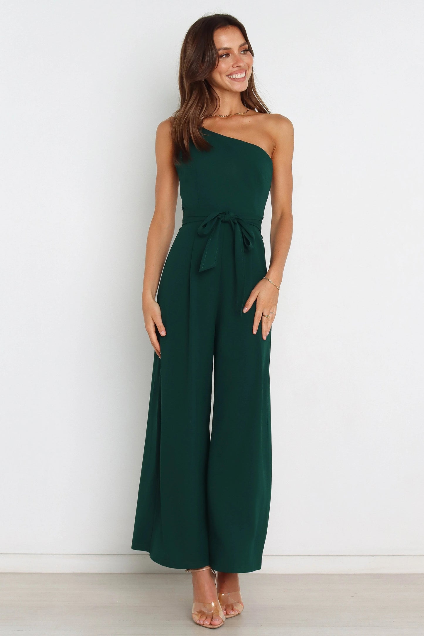 One-Shoulder Tie-Waist Wide-Leg Jumpsuit