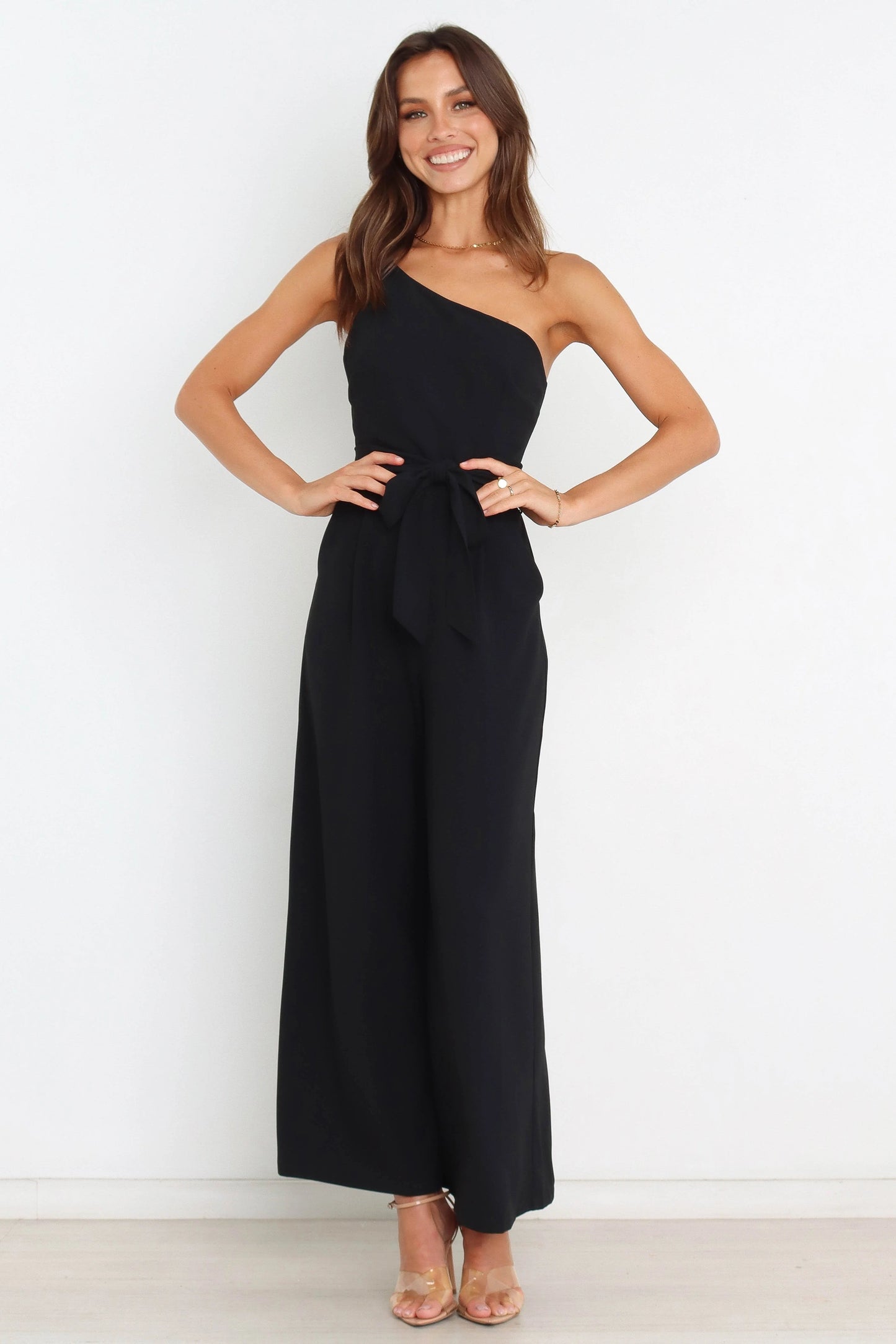 One-Shoulder Tie-Waist Wide-Leg Jumpsuit