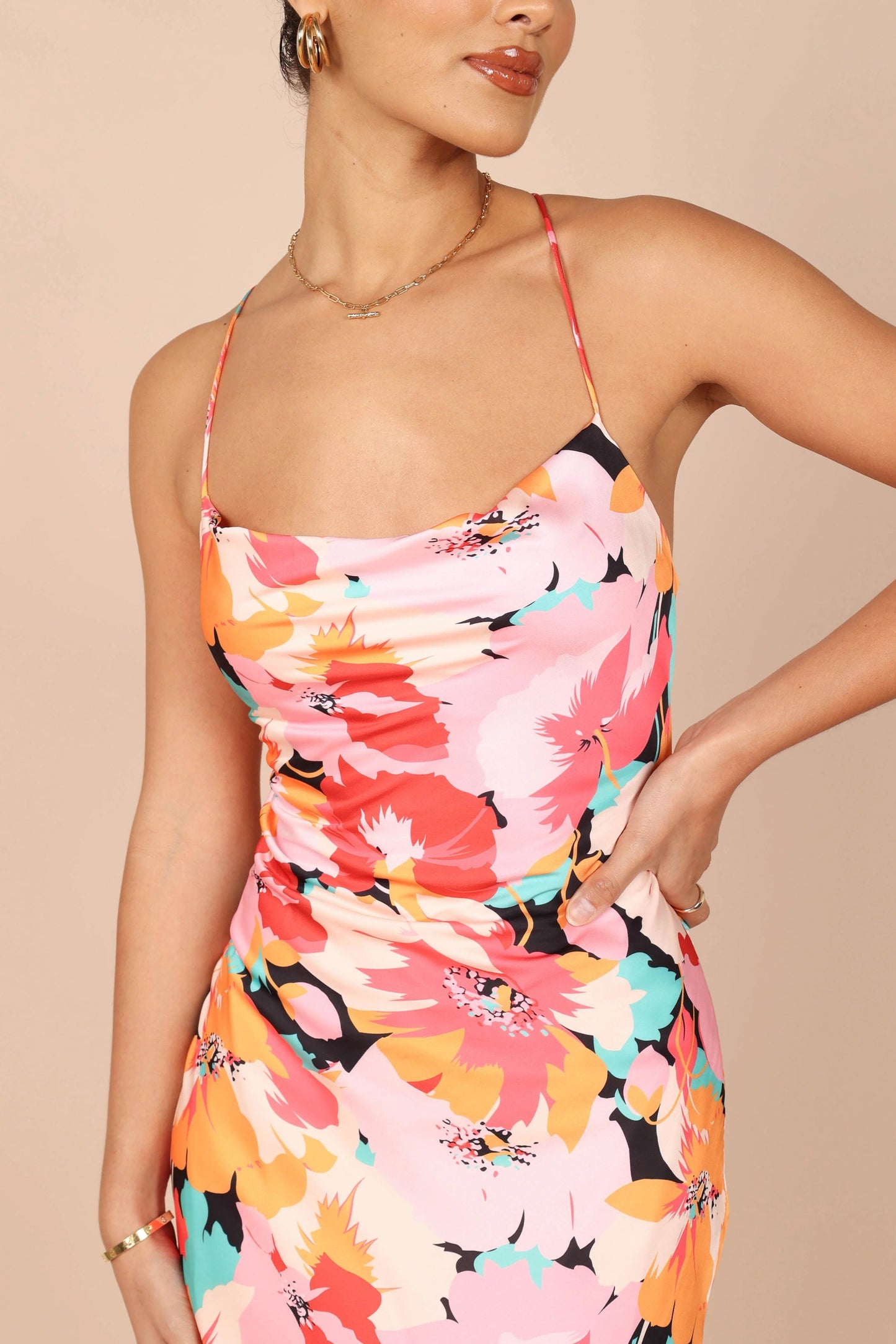 Satin Cowl-Neck Slip Midi Dress
