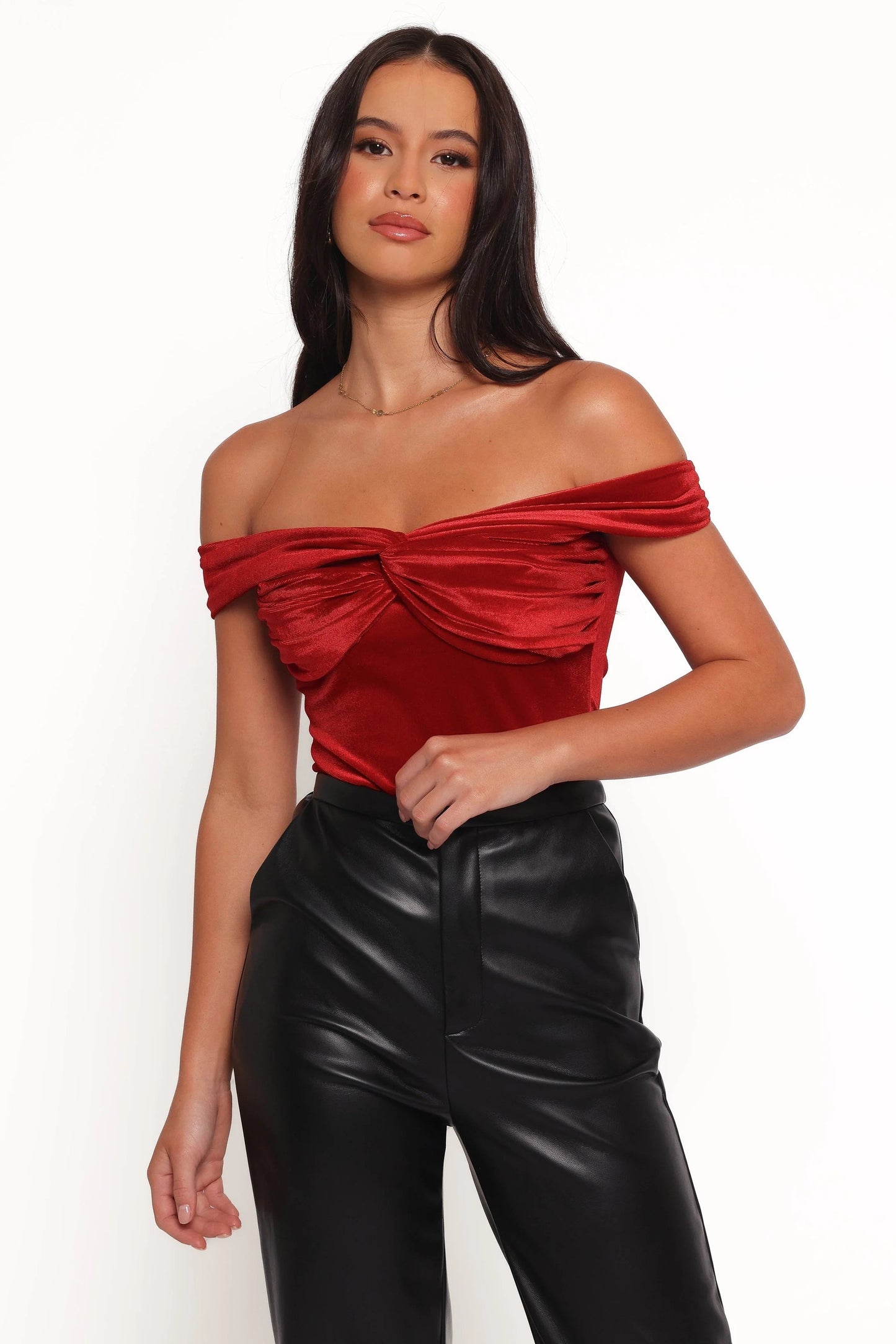 Twist-Front Velvet Off-Shoulder Crop