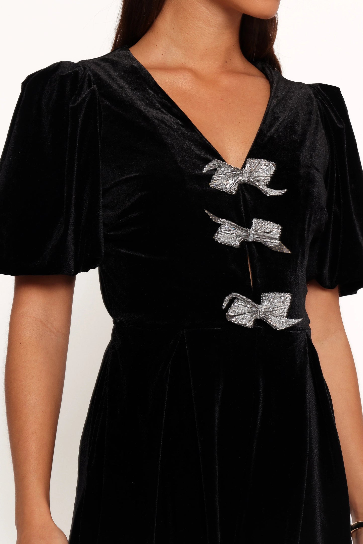 Velvet Bow-Accent Puff-Sleeve Romper