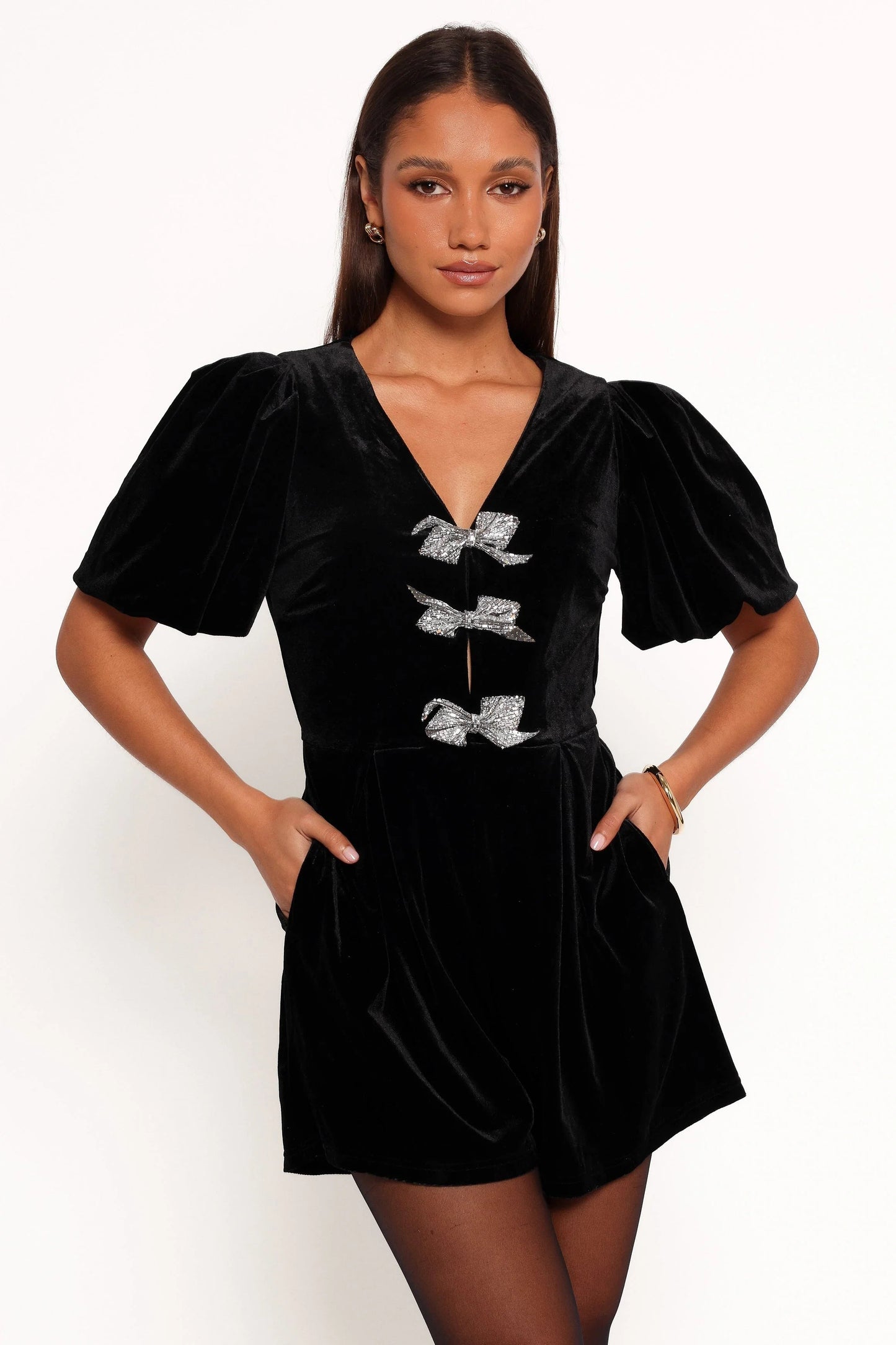 Velvet Bow-Accent Puff-Sleeve Romper