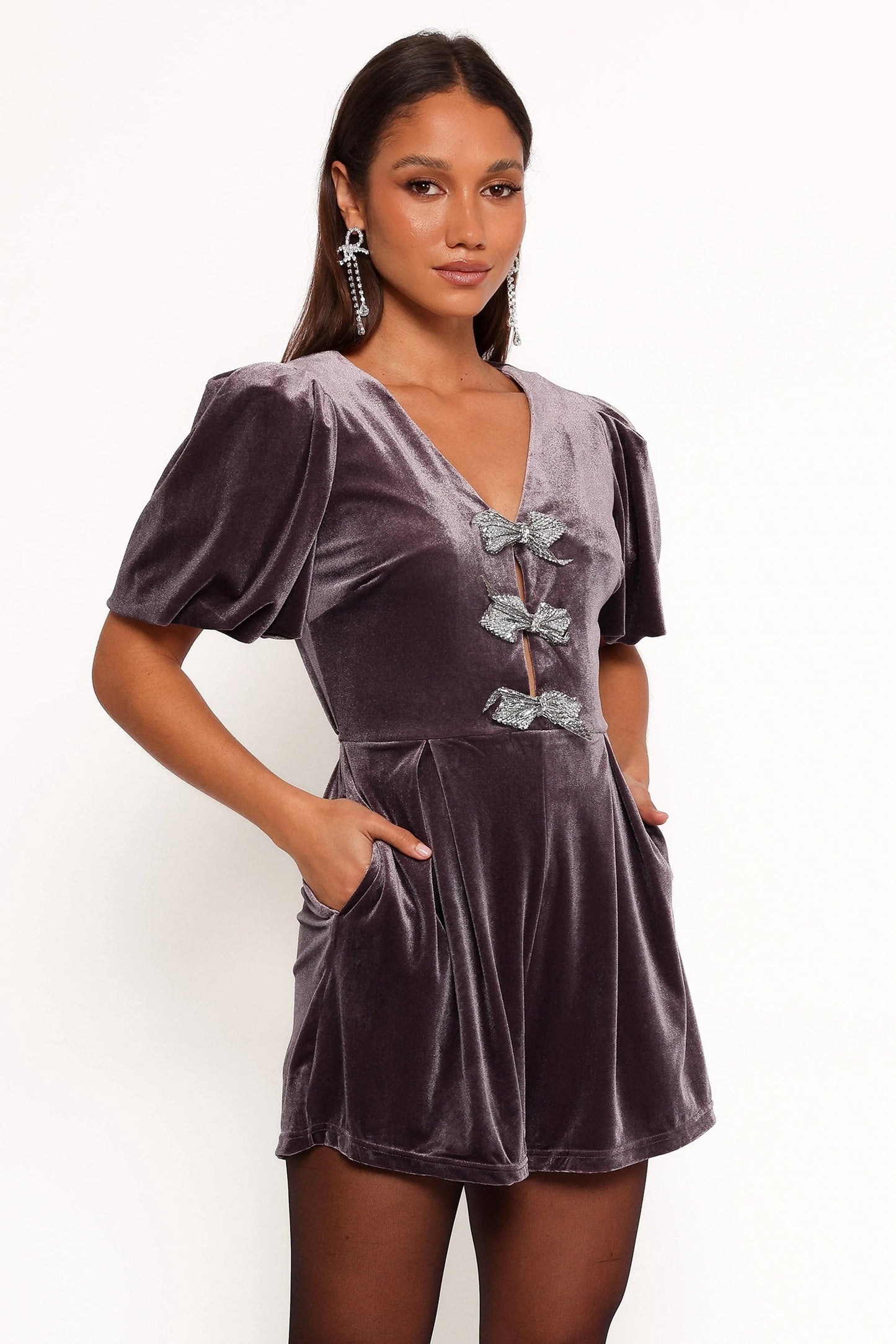 Velvet Bow-Accent Puff-Sleeve Romper