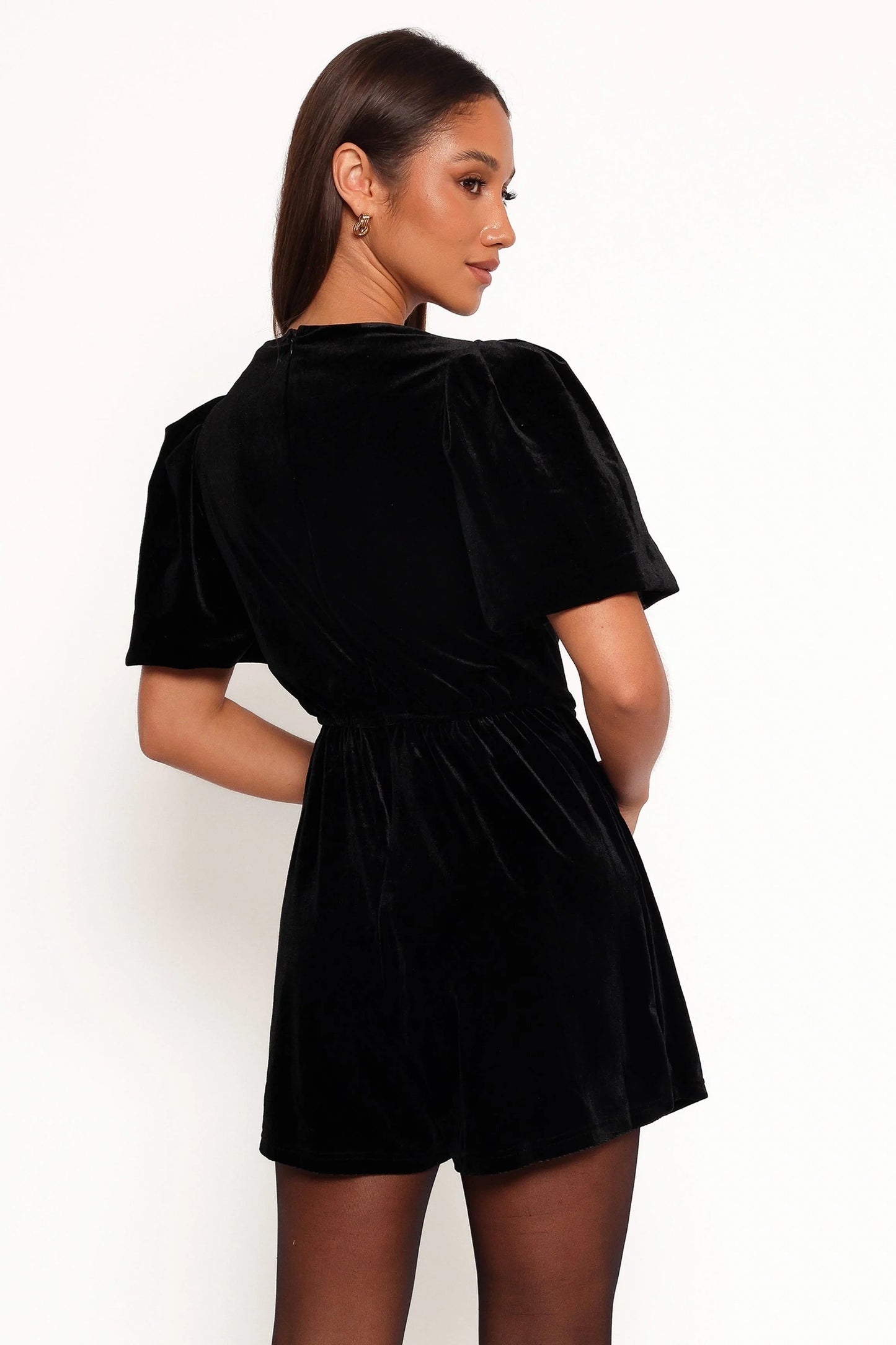 Velvet Bow-Accent Puff-Sleeve Romper