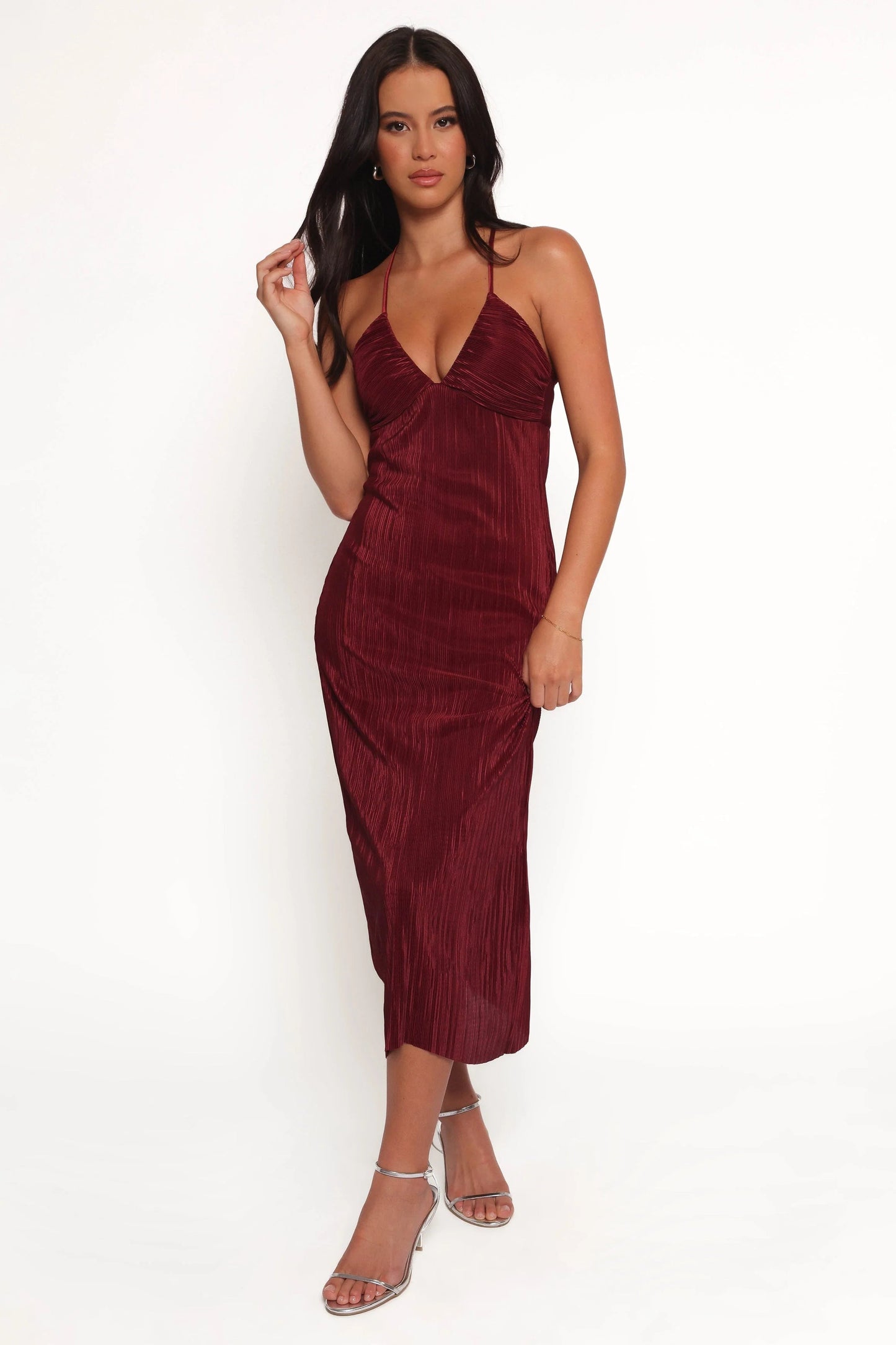 Wine Pleated Plissé Pull-On Maxi Dress
