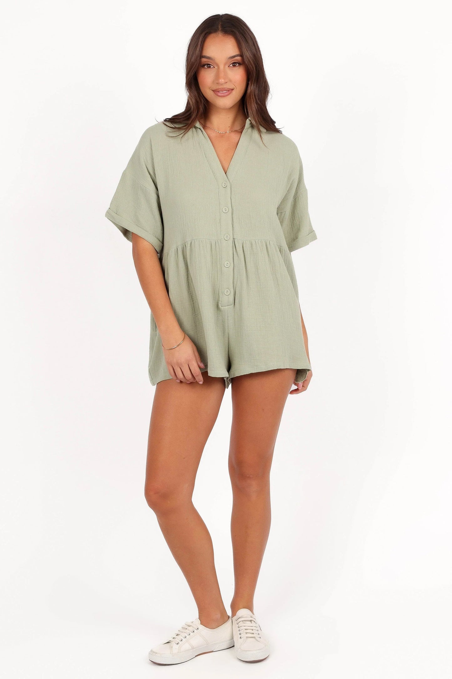 Collared V-Neck Cotton Playsuit