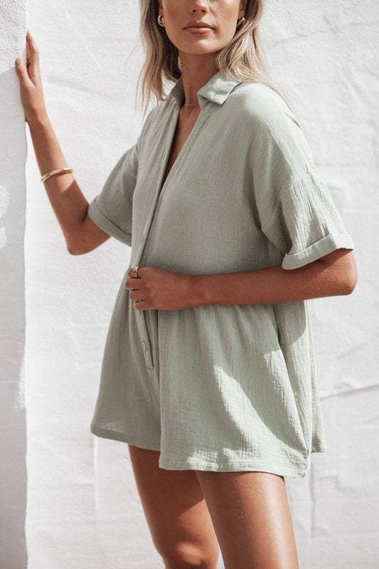 Collared V-Neck Cotton Playsuit