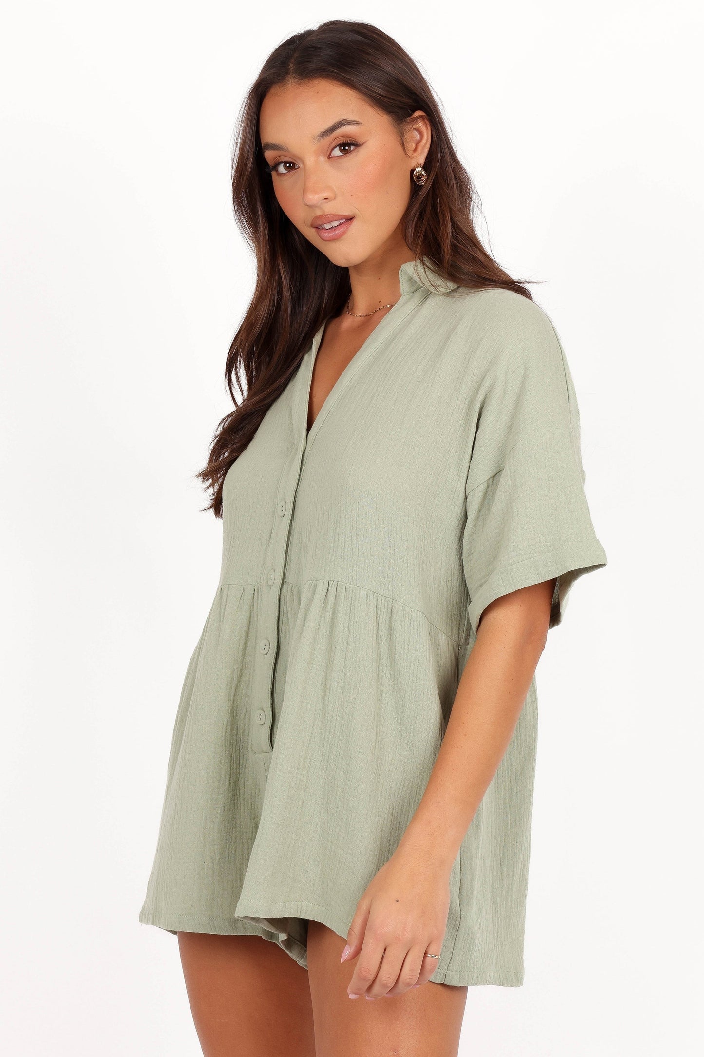 Collared V-Neck Cotton Playsuit
