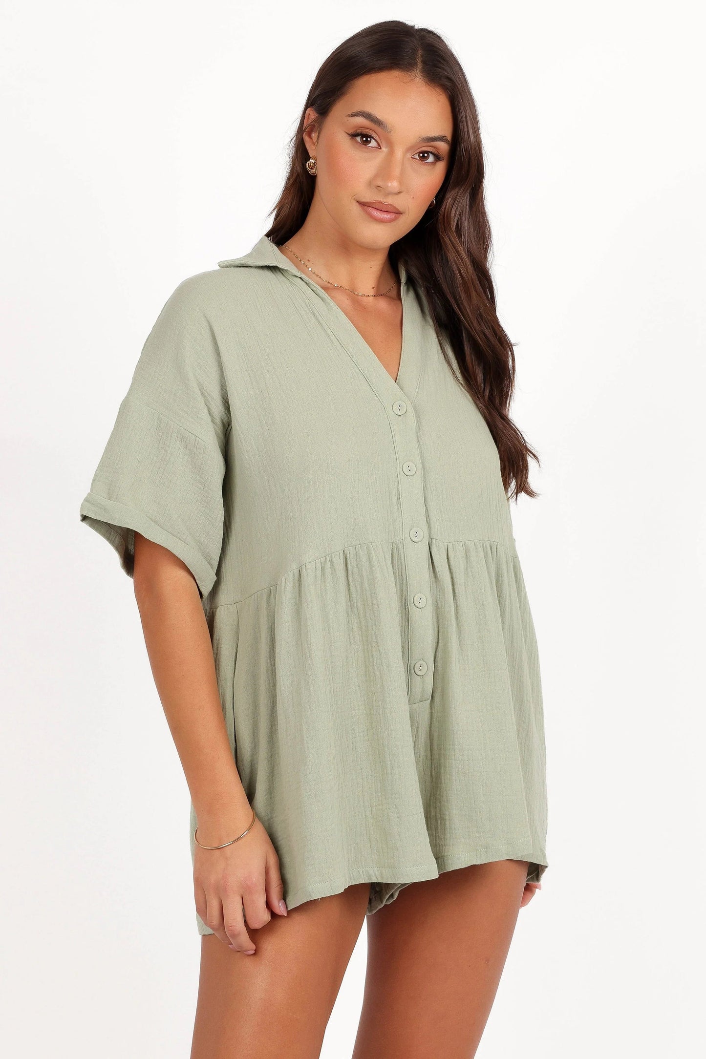 Collared V-Neck Cotton Playsuit