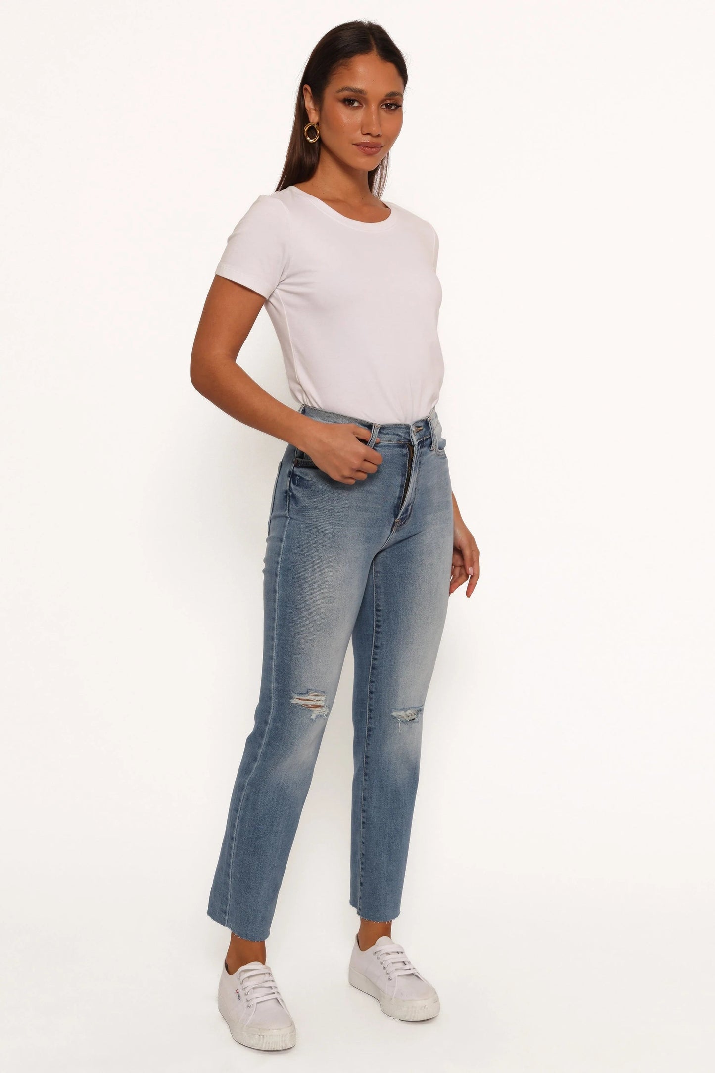 High-Rise Distressed Straight Jeans