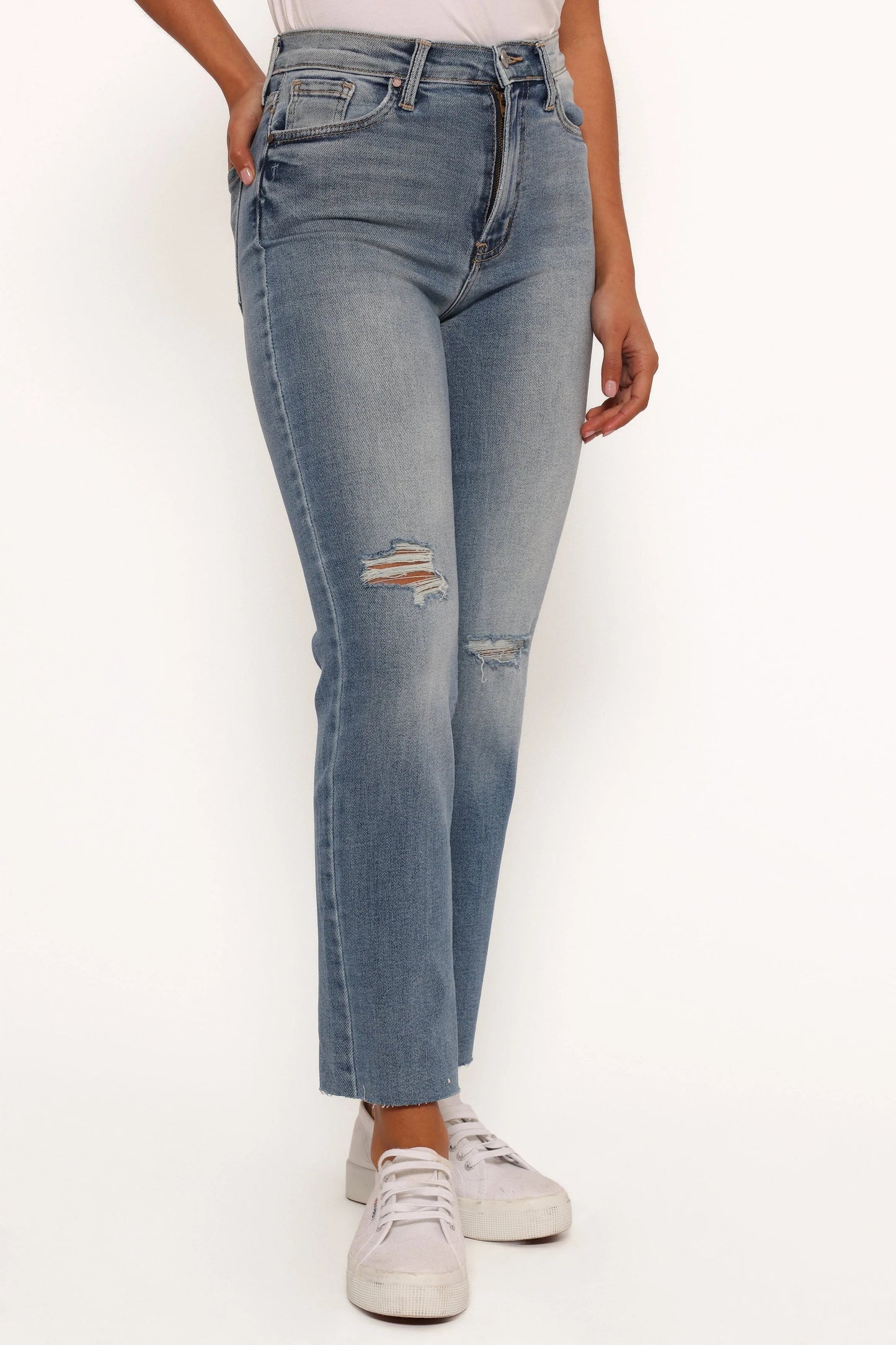 High-Rise Distressed Straight Jeans