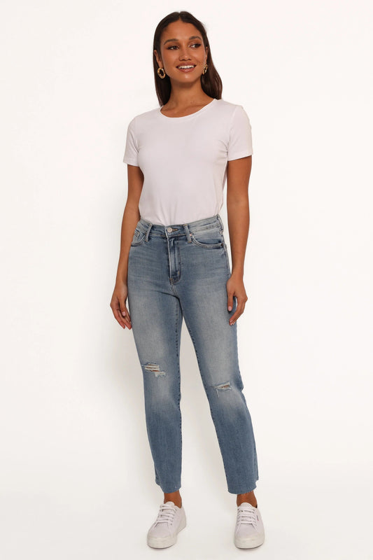 High-Rise Distressed Straight Jeans