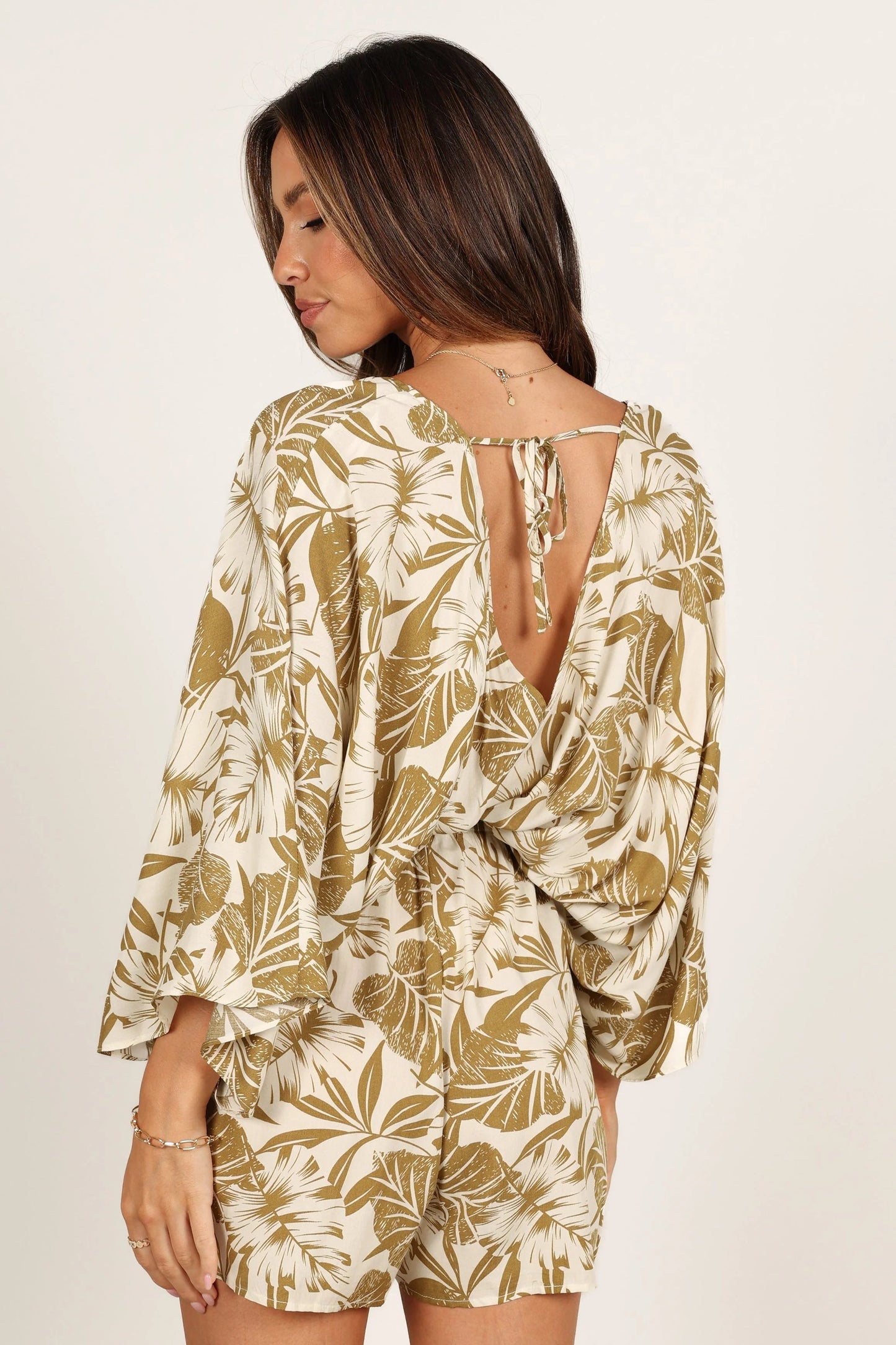 Kimono-Sleeve Leaf Print Romper