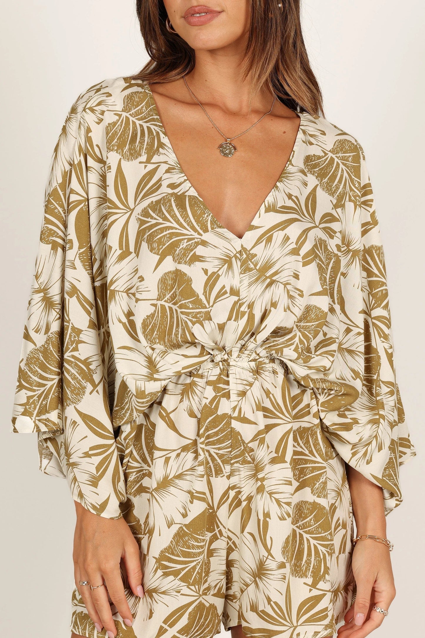 Kimono-Sleeve Leaf Print Romper