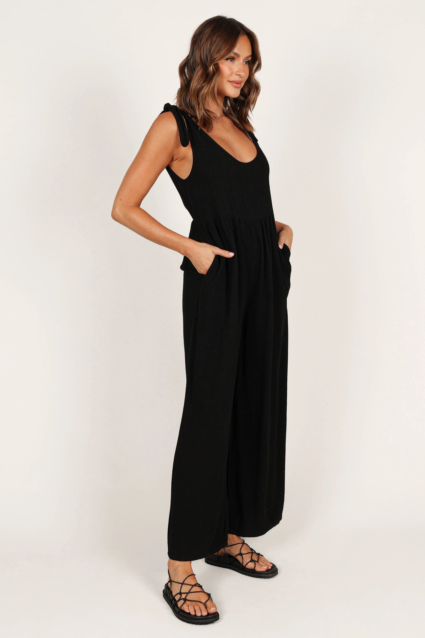 Linen Wide-Leg Tie-Strap Jumpsuit