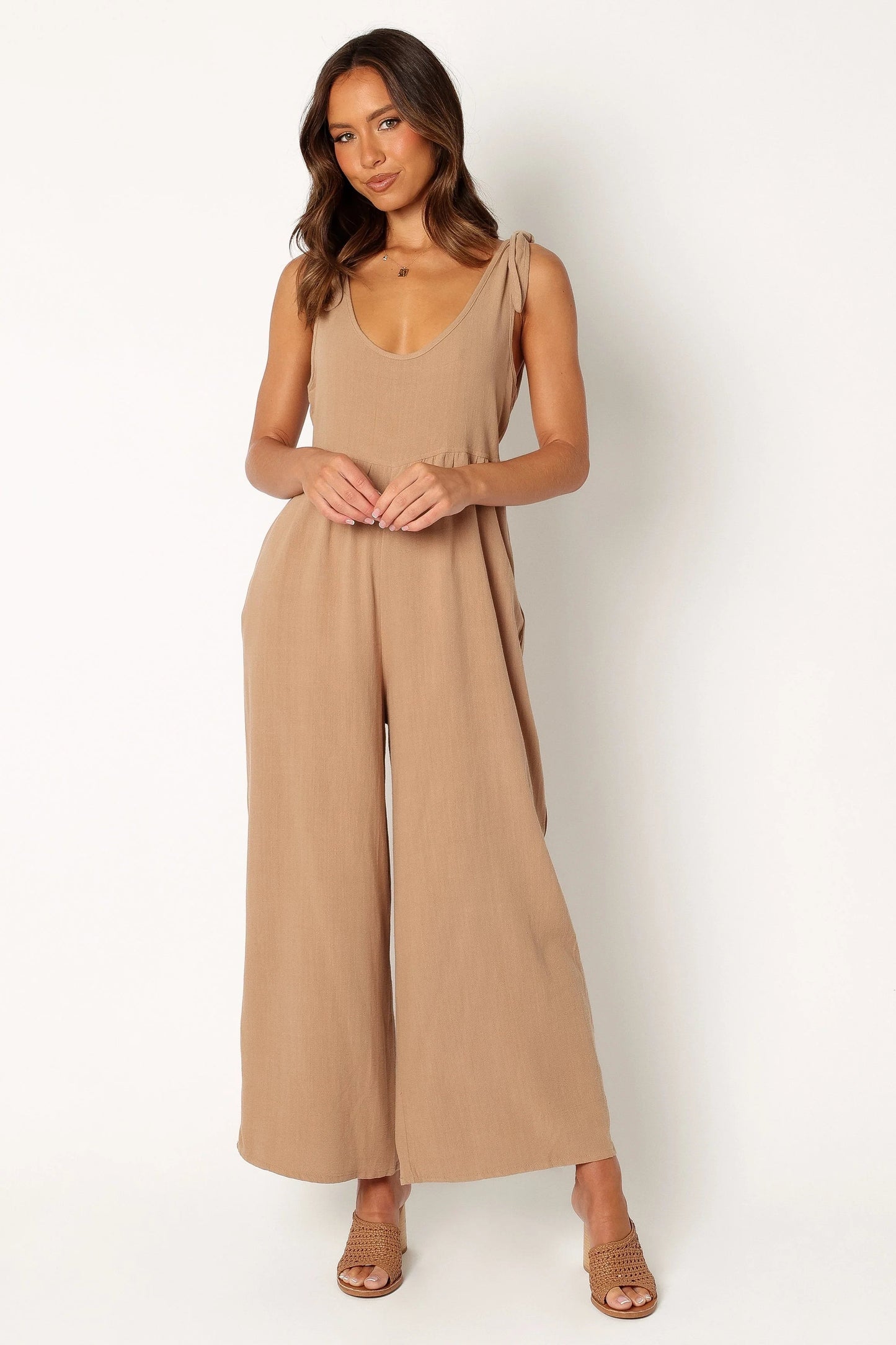 Linen Wide-Leg Tie-Strap Jumpsuit
