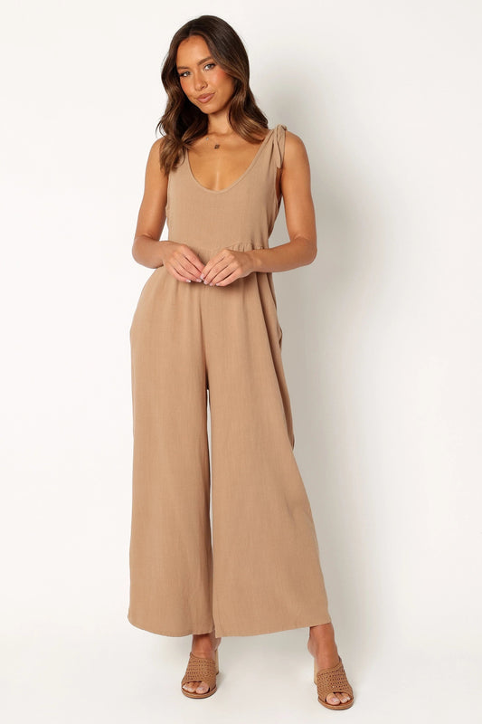 Linen Wide-Leg Tie-Strap Jumpsuit