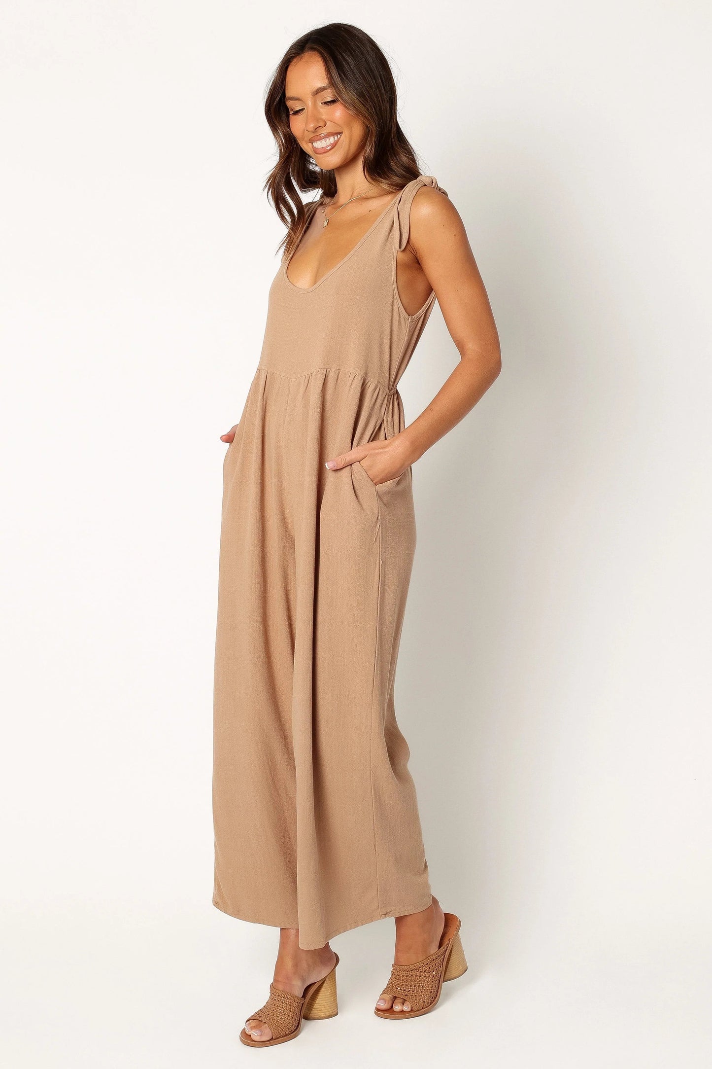 Linen Wide-Leg Tie-Strap Jumpsuit