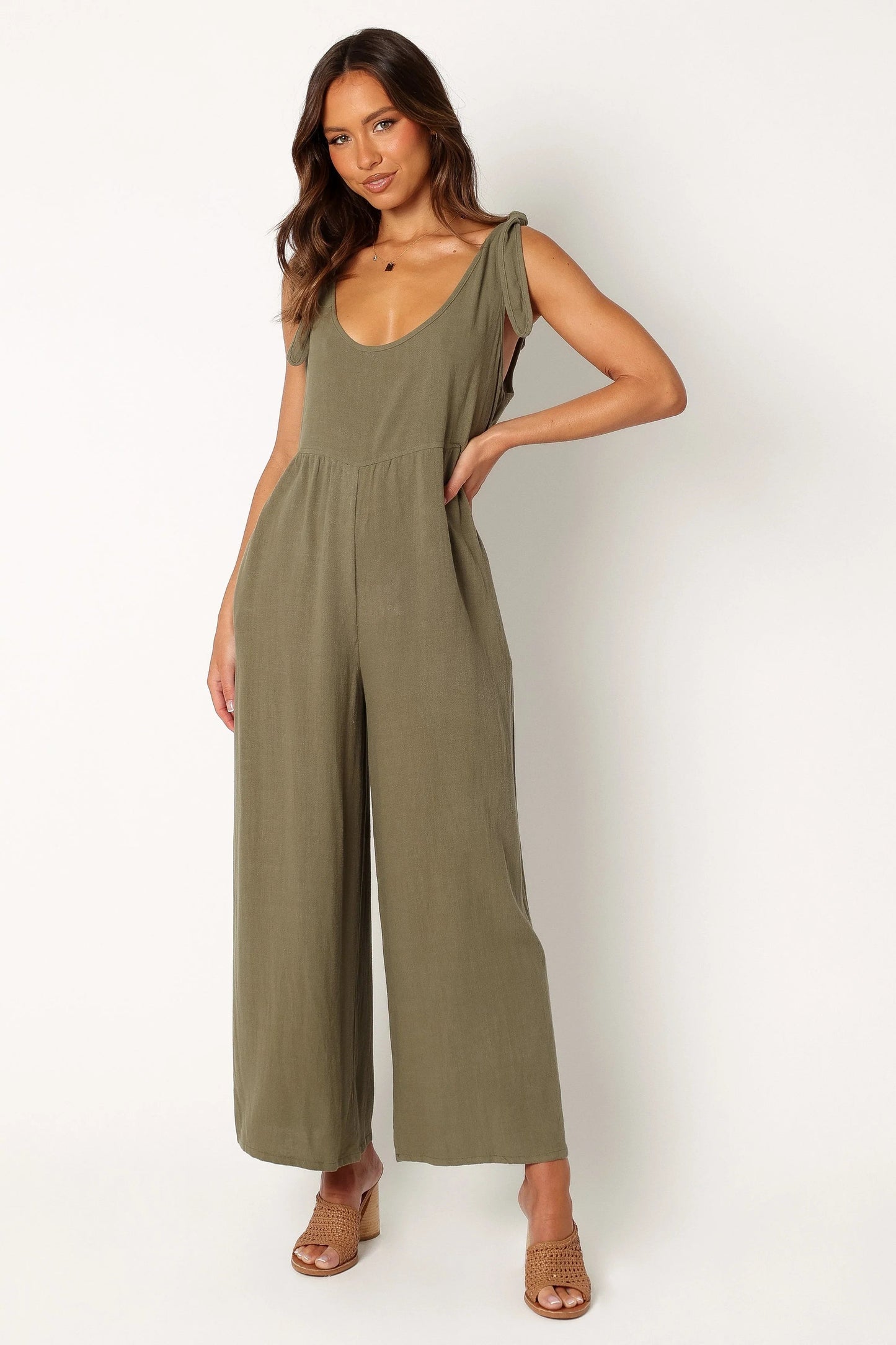 Linen Wide-Leg Tie-Strap Jumpsuit