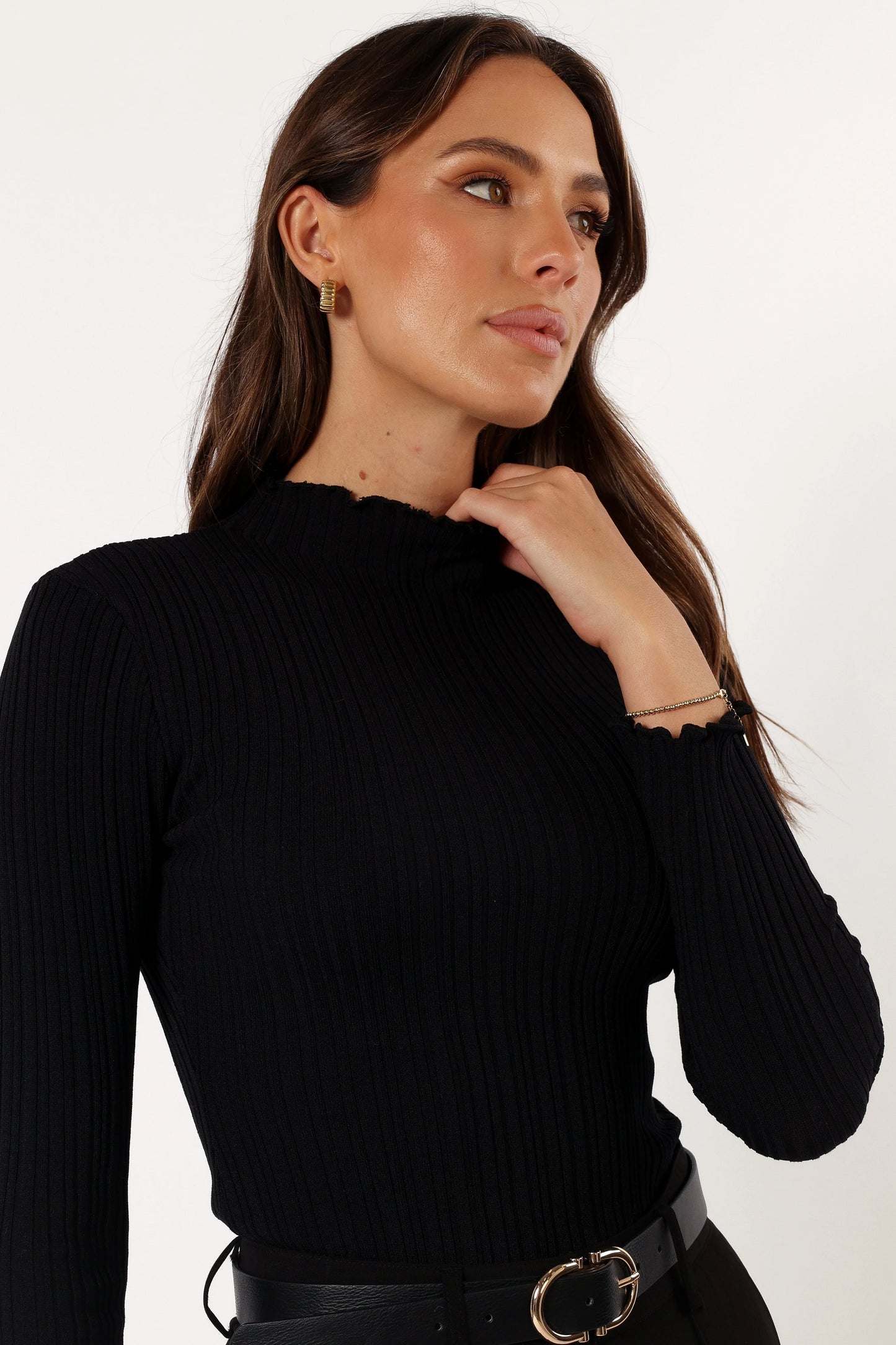 Mockneck Ribbed Knit Top with Frill Hem