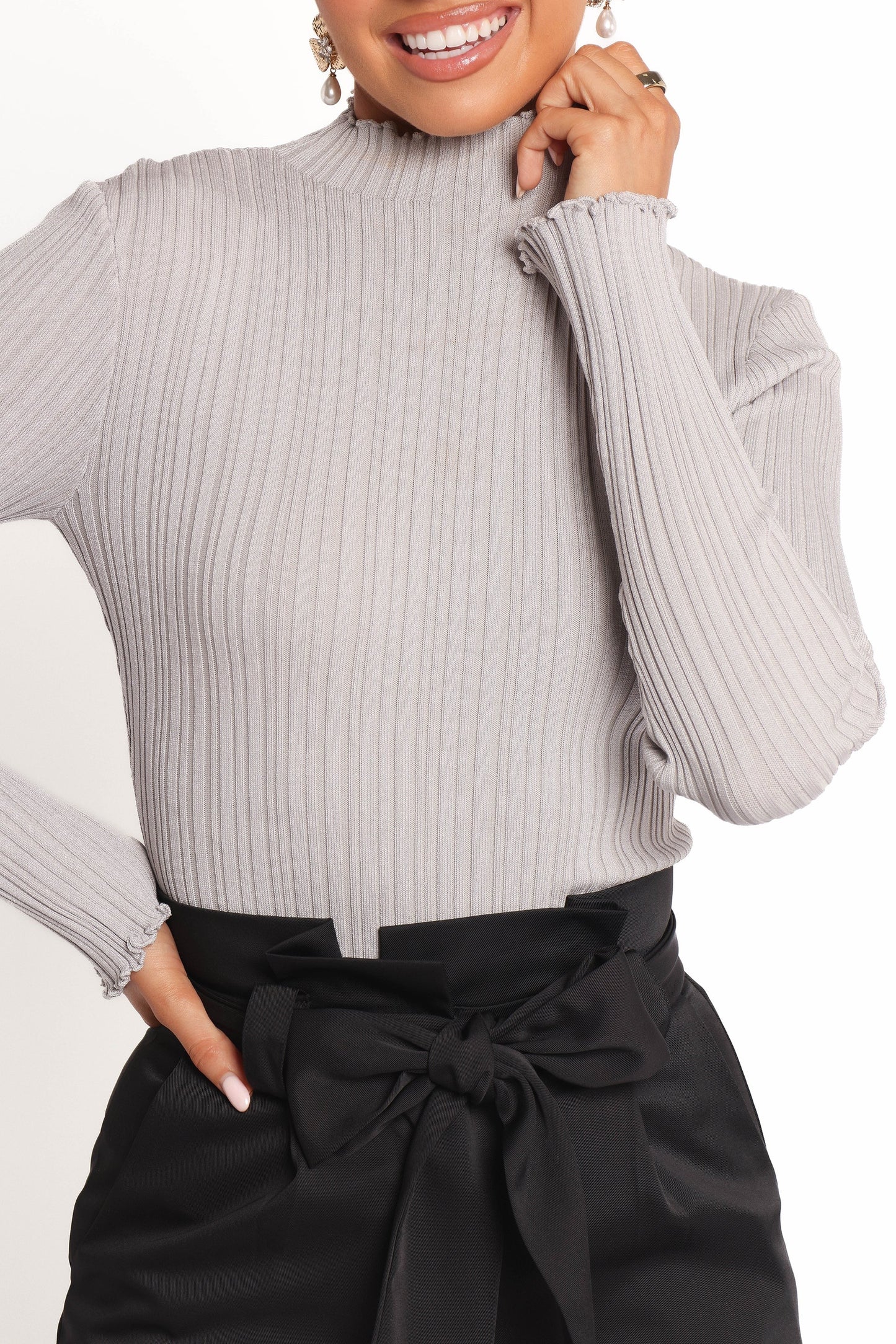 Mockneck Ribbed Knit Top with Frill Hem