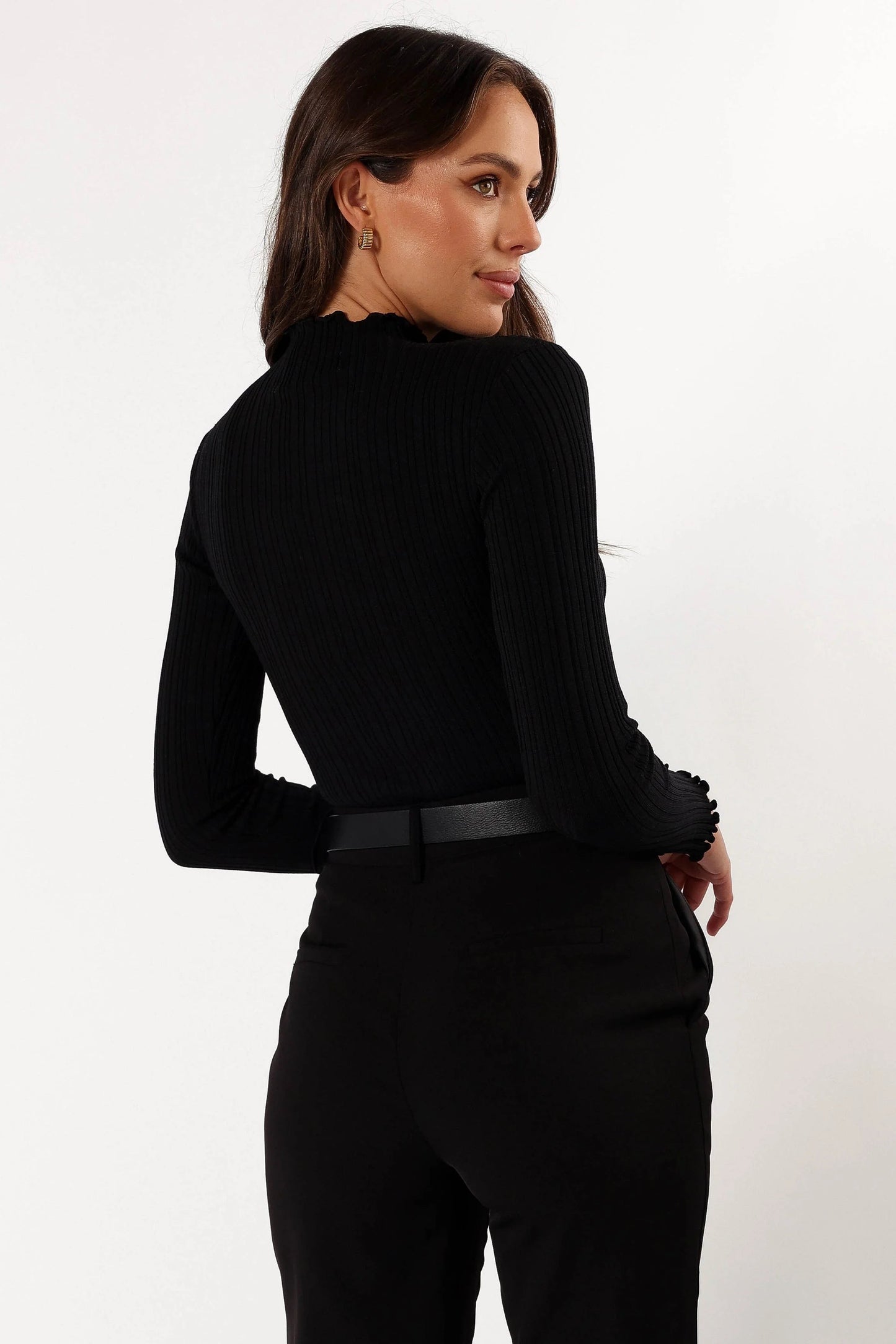 Mockneck Ribbed Knit Top with Frill Hem