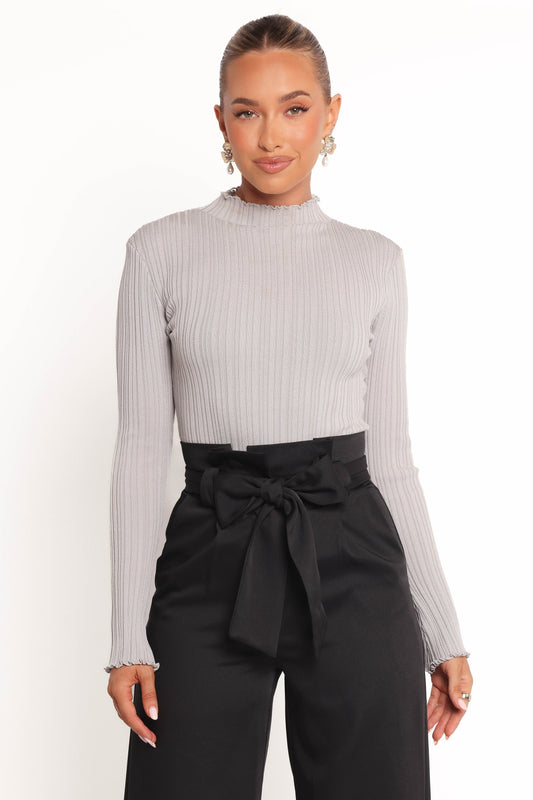 Mockneck Ribbed Knit Top with Frill Hem