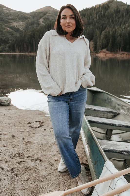 Oatmeal Fuzzy Collared V-Neck Sweater