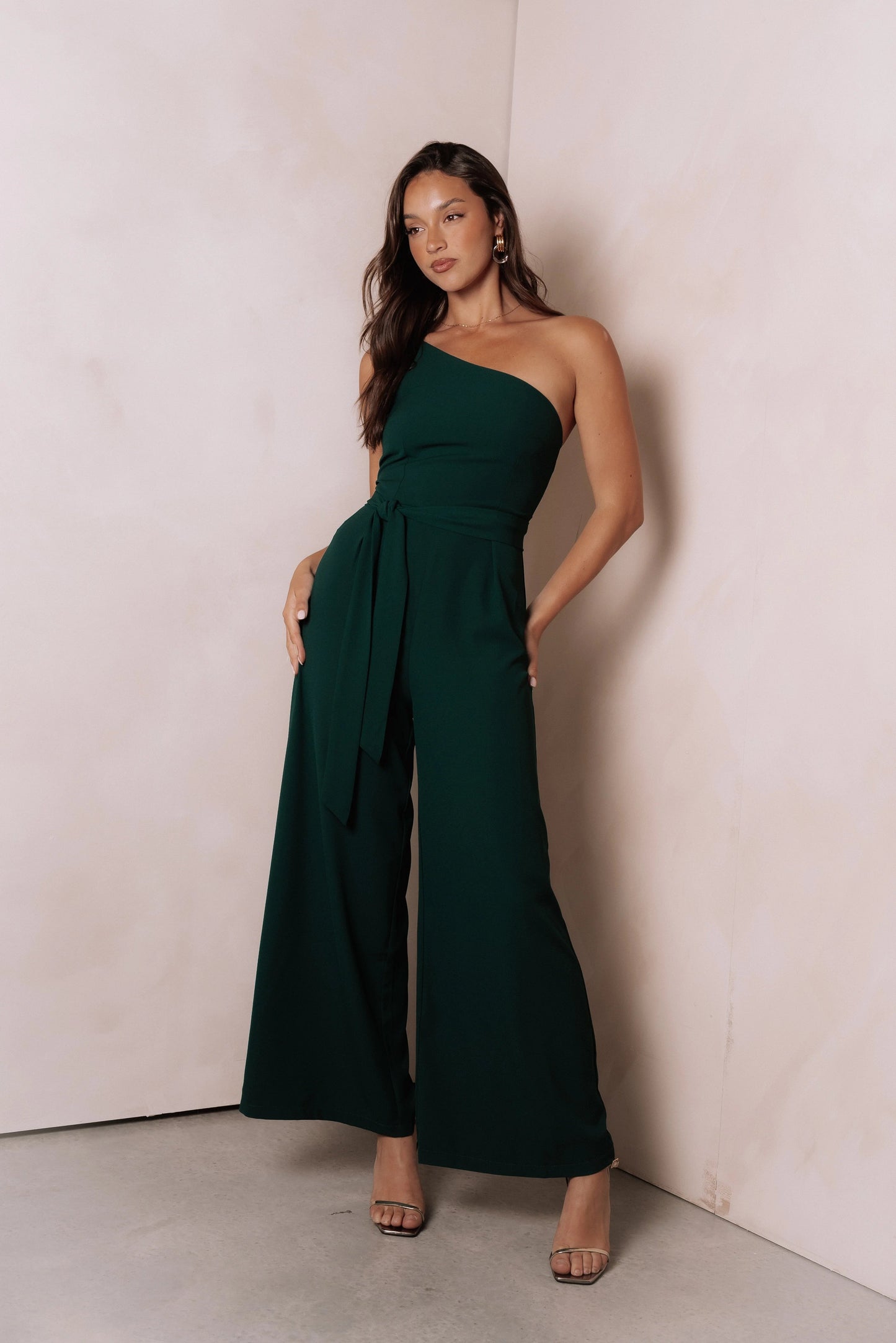 One-Shoulder Tie-Waist Wide-Leg Jumpsuit