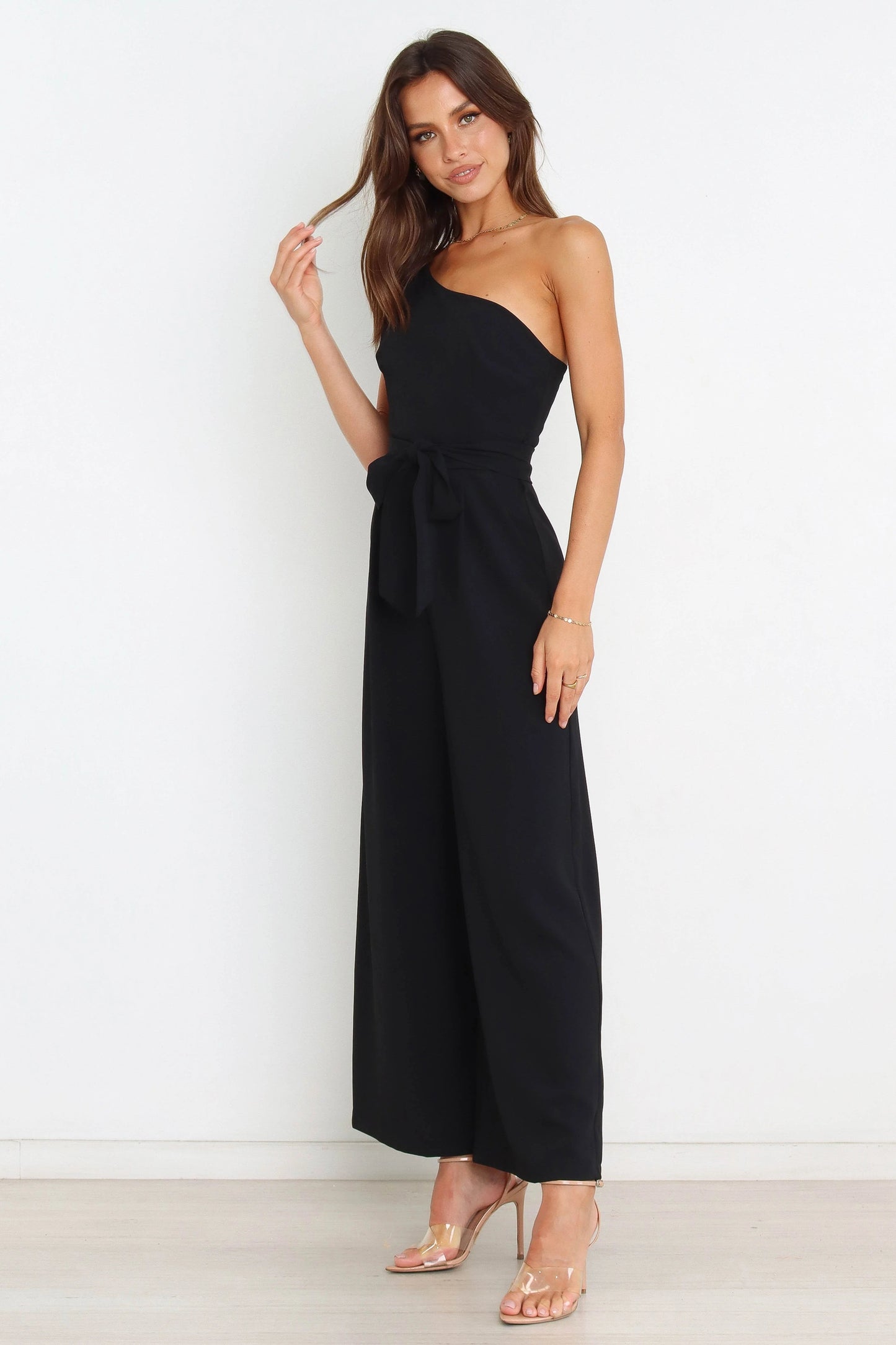 One-Shoulder Tie-Waist Wide-Leg Jumpsuit