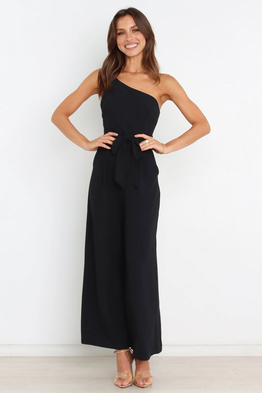 One-Shoulder Tie-Waist Wide-Leg Jumpsuit