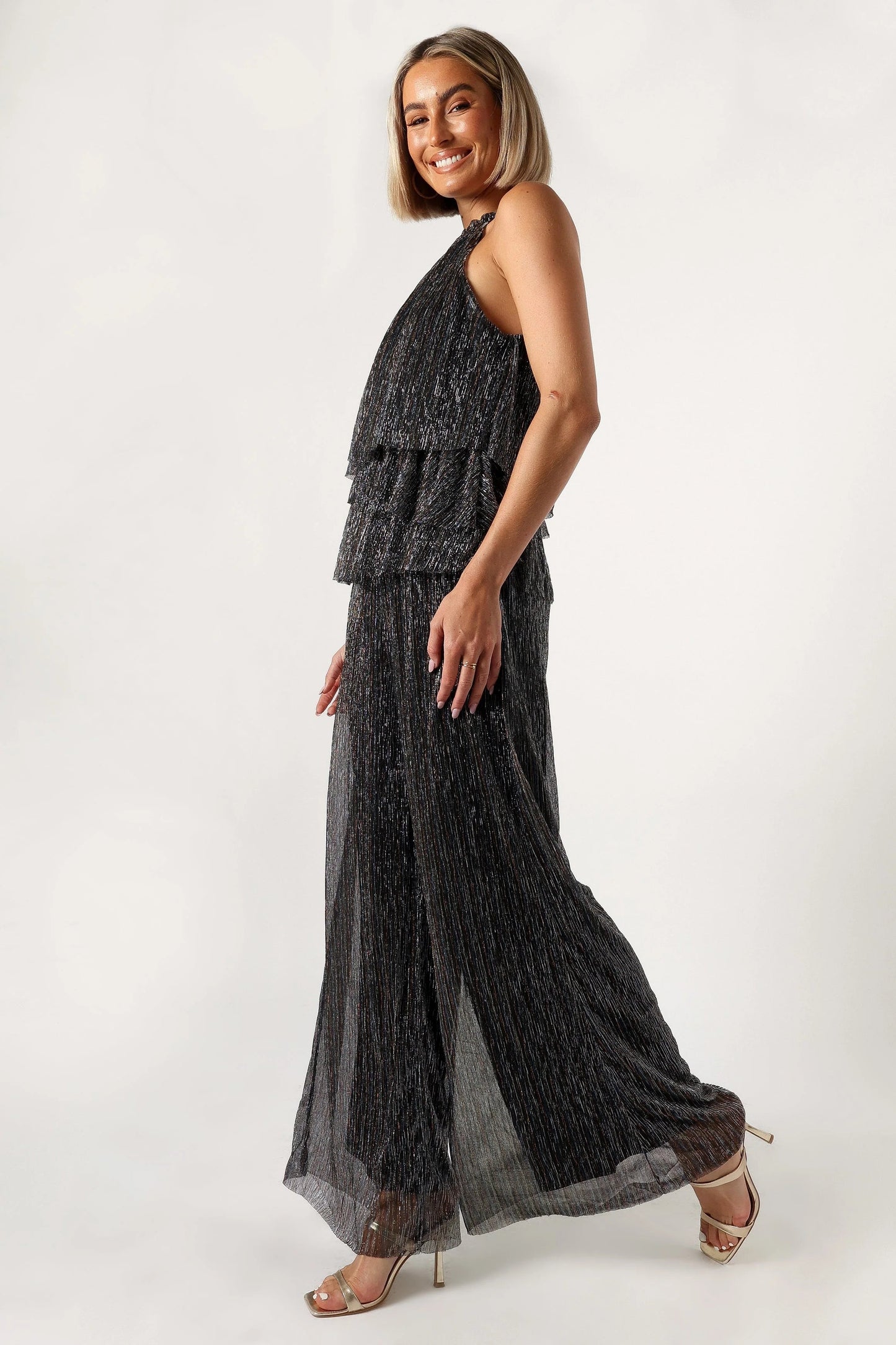 Plissé Halter Wide-Leg Jumpsuit
