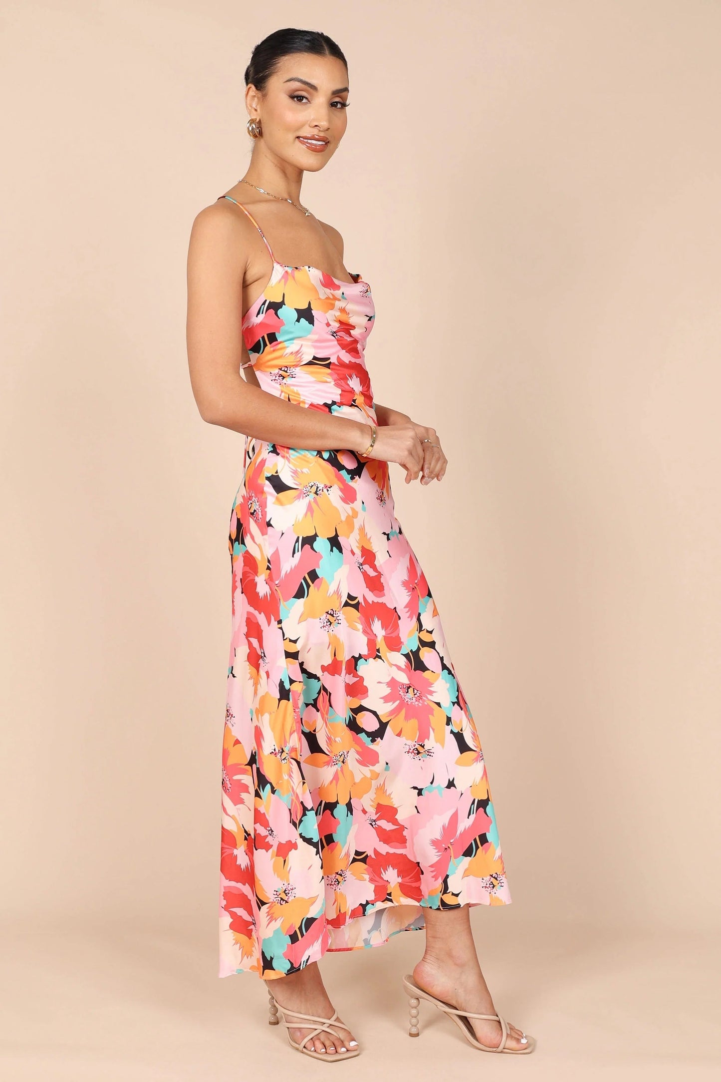 Satin Cowl-Neck Slip Midi Dress